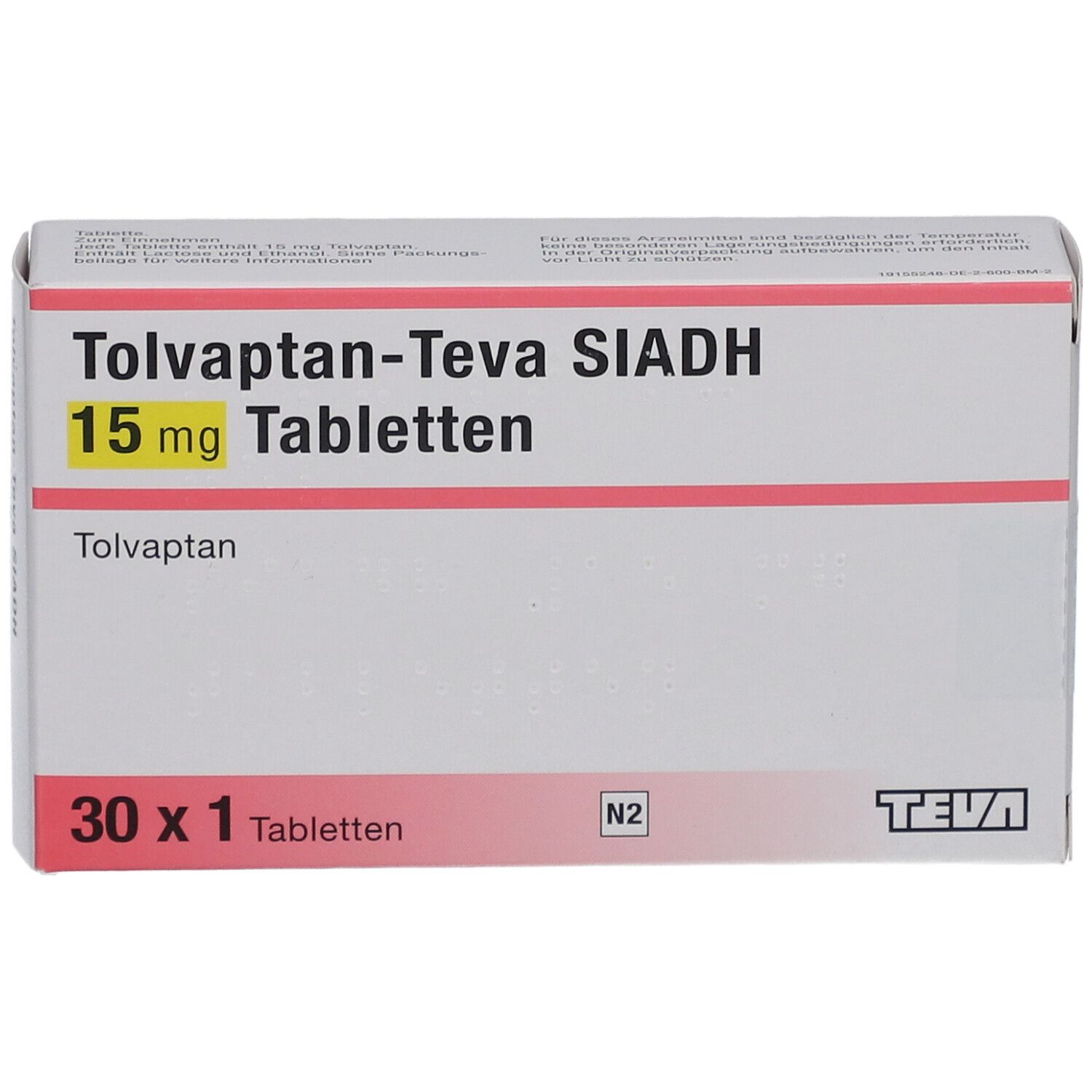 Schachtel mit TOLVAPTAN Teva SIADH 15 mg Tabletten. Aufschrift: 30 x 1 Tabletten. TEVA-Logo.