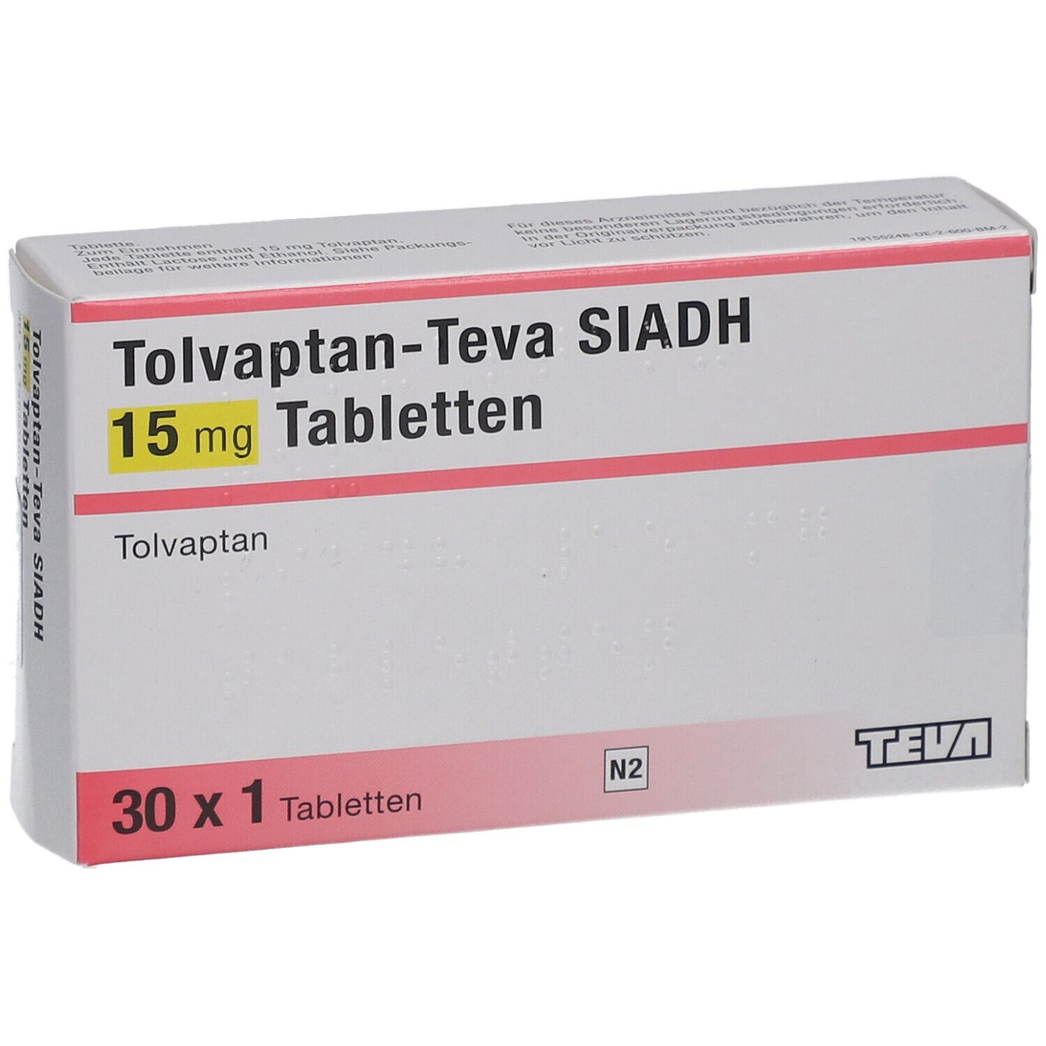 Schachtel mit TOLVAPTAN Teva SIADH 15 mg Tabletten. Aufschrift: 30 x 1 Tabletten. TEVA-Logo.