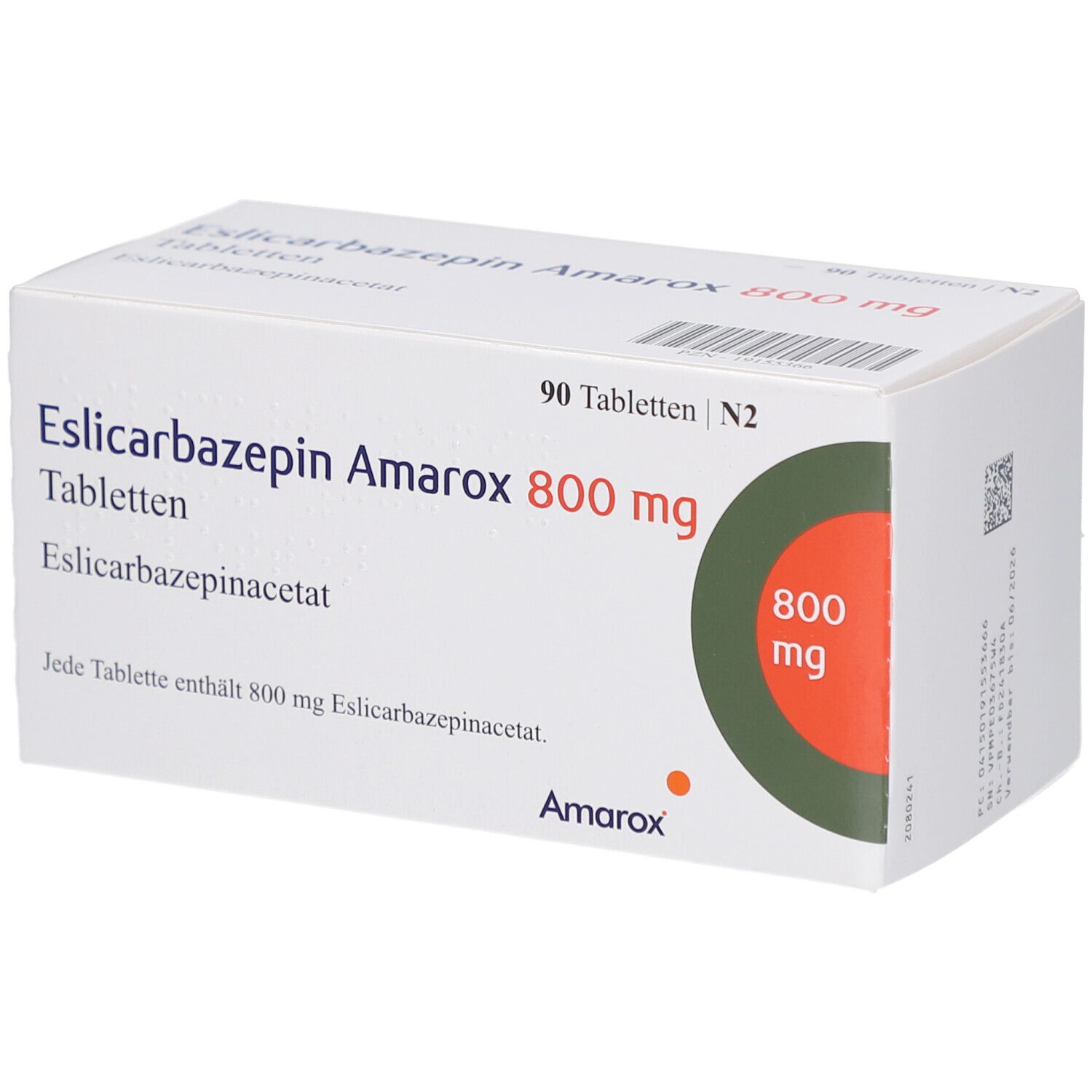 Weiße Tablettenbox mit Aufschrift 'Eslicarbazepin Amarox 800 mg'. Enthält 90 Tabletten. Aufdruck '800 mg' in grünem Kreis.