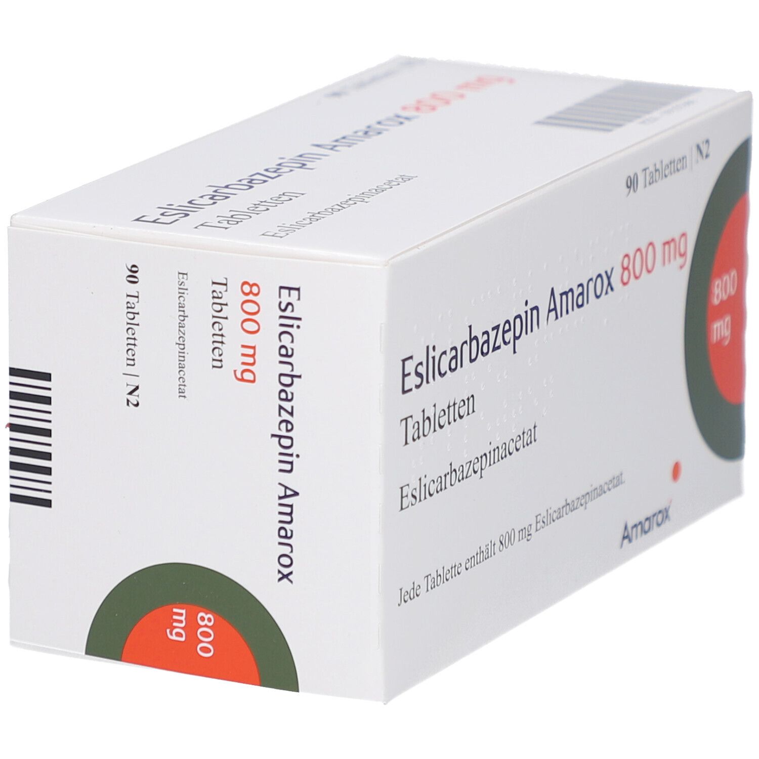 Tablettenbox, weiß, mit 'Eslicarbazepin Amarox 800 mg'. 90 Tabletten. Aufdruck '800 mg' in grünem Kreis. Seitenansicht.