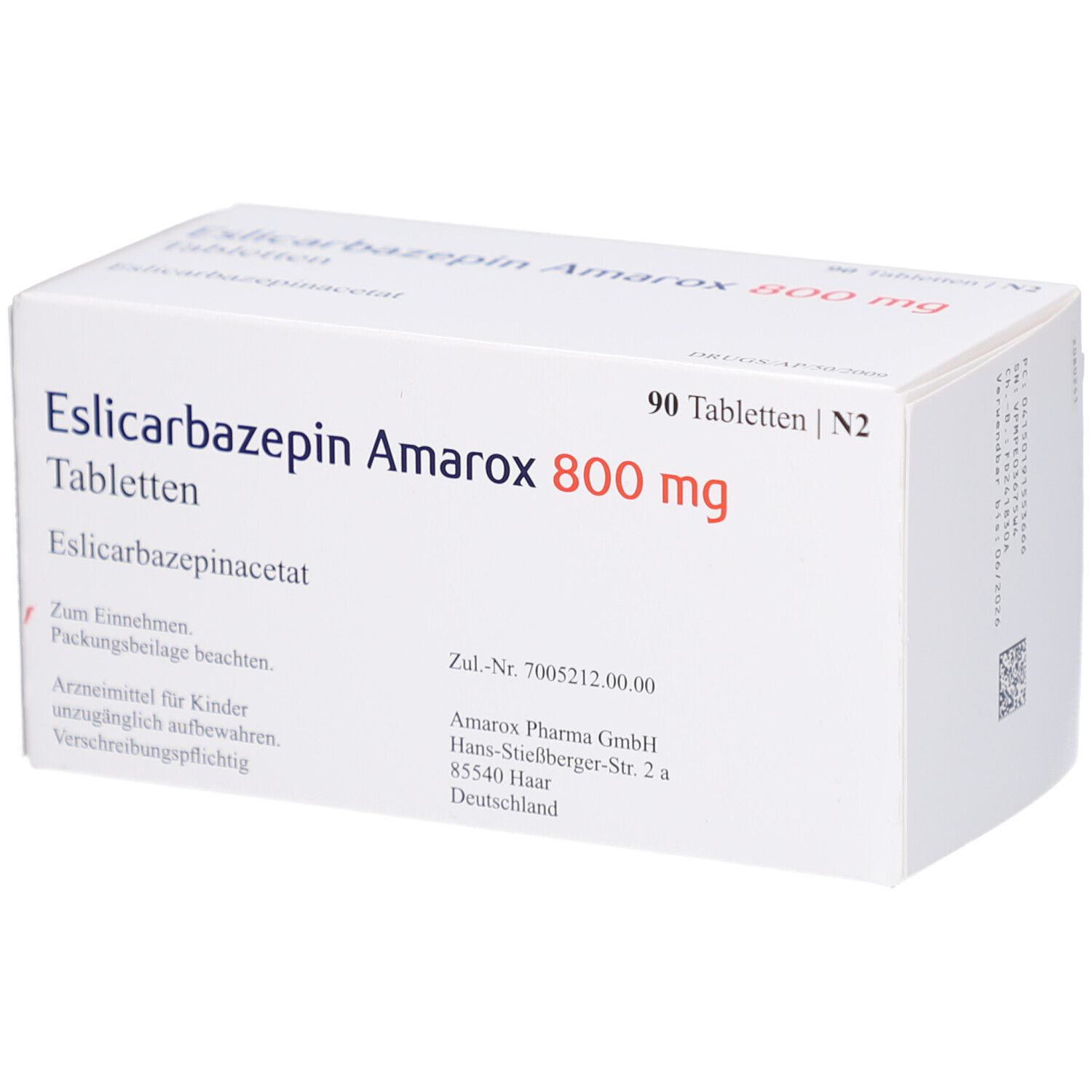 Weiße Tablettenbox mit 'Eslicarbazepin Amarox 800 mg'. 90 Tabletten. Text: 'Zum Einnehmen'. Herstellerinformationen auf der Rückseite.