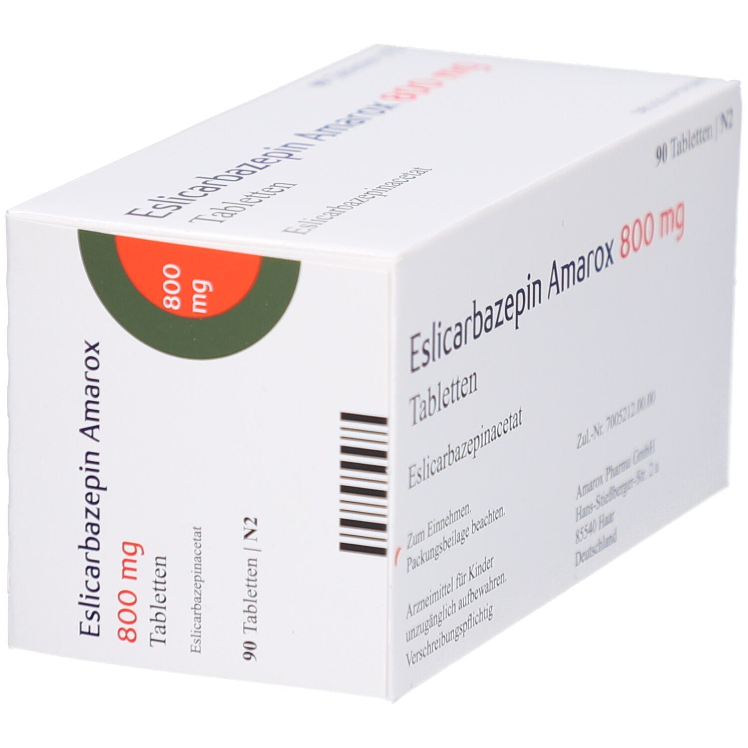 Tablettenbox, weiß, mit 'Eslicarbazepin Amarox 800 mg'. 90 Tabletten. Aufdruck '800 mg' in grünem Kreis. Barcode.