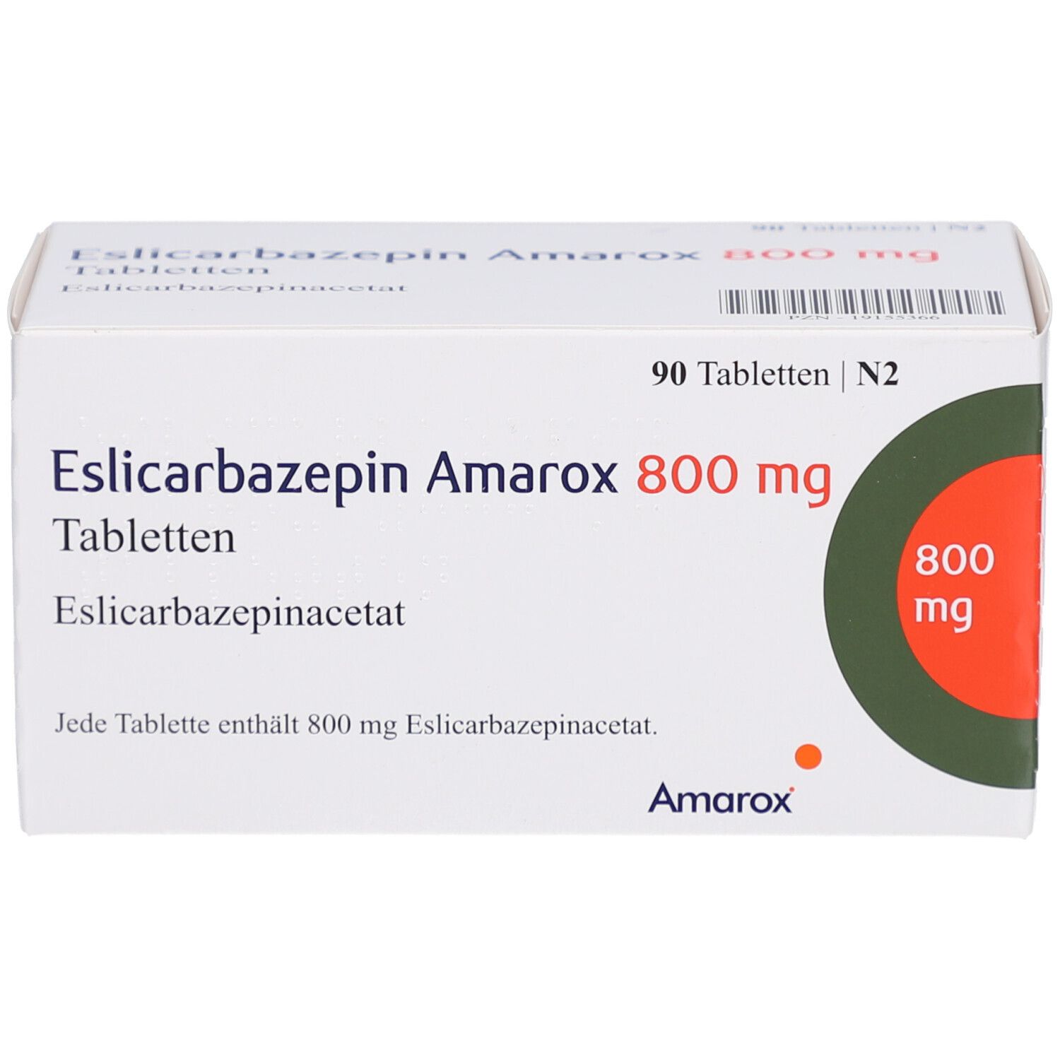 Weiße Tablettenbox mit 'Eslicarbazepin Amarox 800 mg'. 90 Tabletten. Aufdruck '800 mg' in grünem Kreis. Herstellerlogo Amarox.