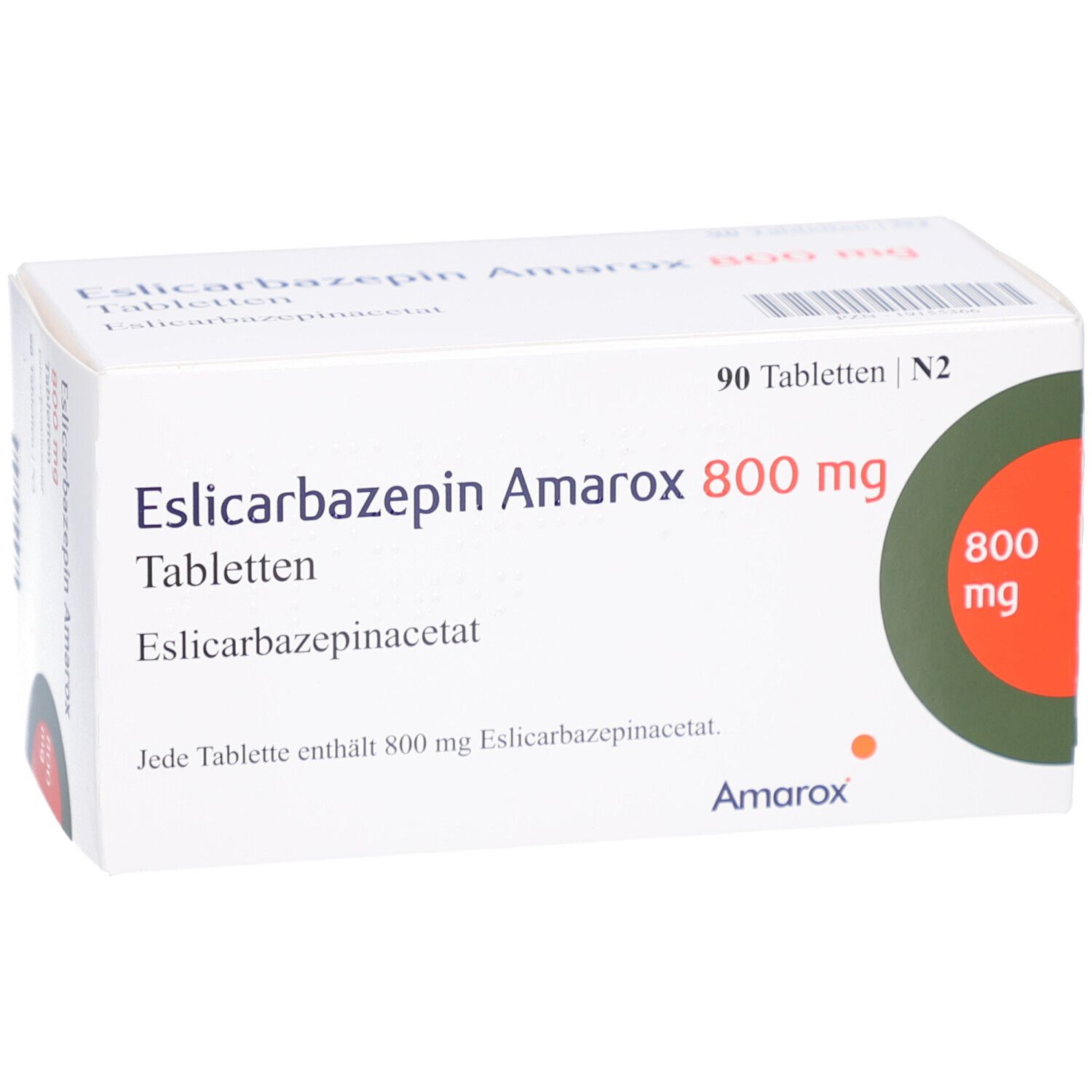Weiße Tablettenbox mit 'Eslicarbazepin Amarox 800 mg'. 90 Tabletten. Aufdruck '800 mg' in grünem Kreis. Seitenansicht.