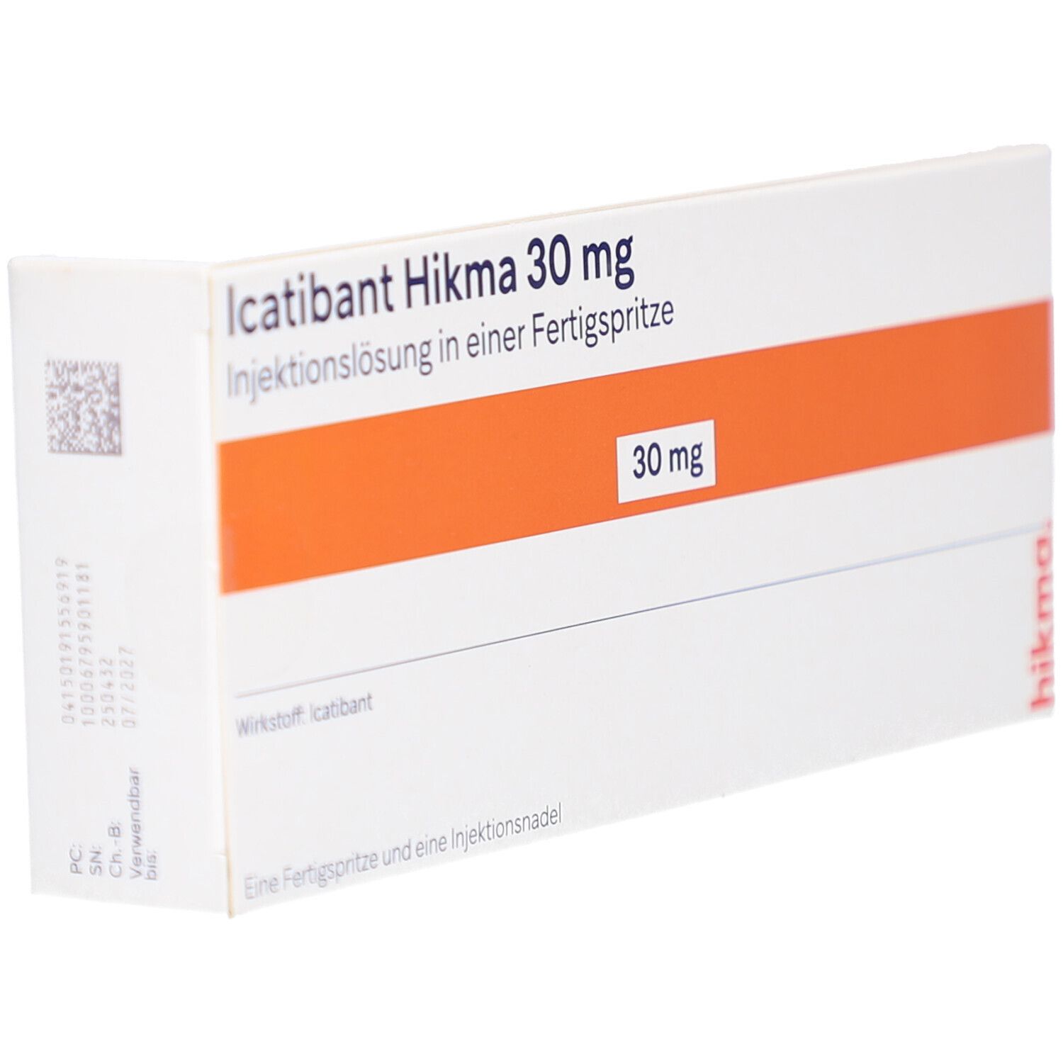 Karton von ICATIBANT Hikma 30 mg. Orangefarbener Streifen mit Aufschrift 30 mg. Fertigspritze und Injektionsnadel.