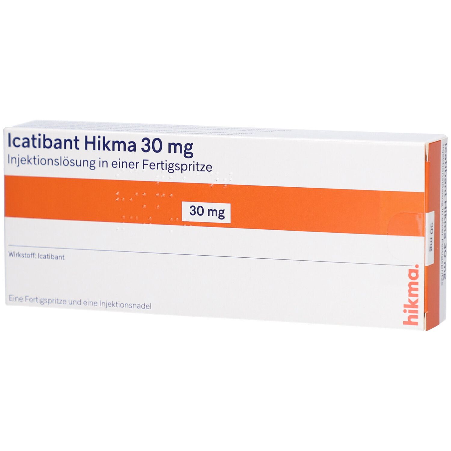 Karton von ICATIBANT Hikma 30 mg. Orangefarbener Streifen mit Aufschrift 30 mg. Fertigspritze und Injektionsnadel.