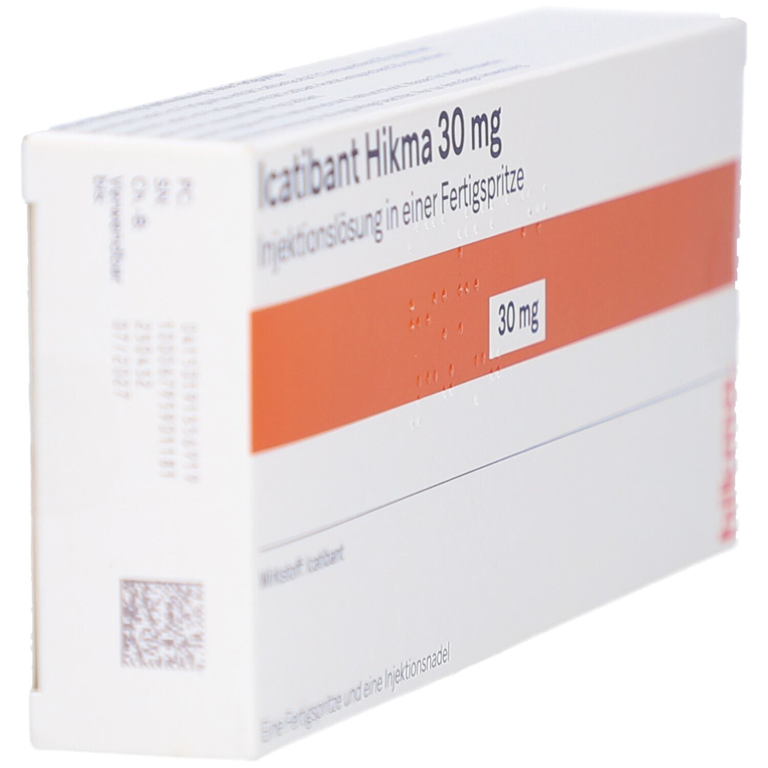 Karton von ICATIBANT Hikma 30 mg. Orangefarbener Streifen mit Aufschrift 30 mg. Fertigspritze und Injektionsnadel.