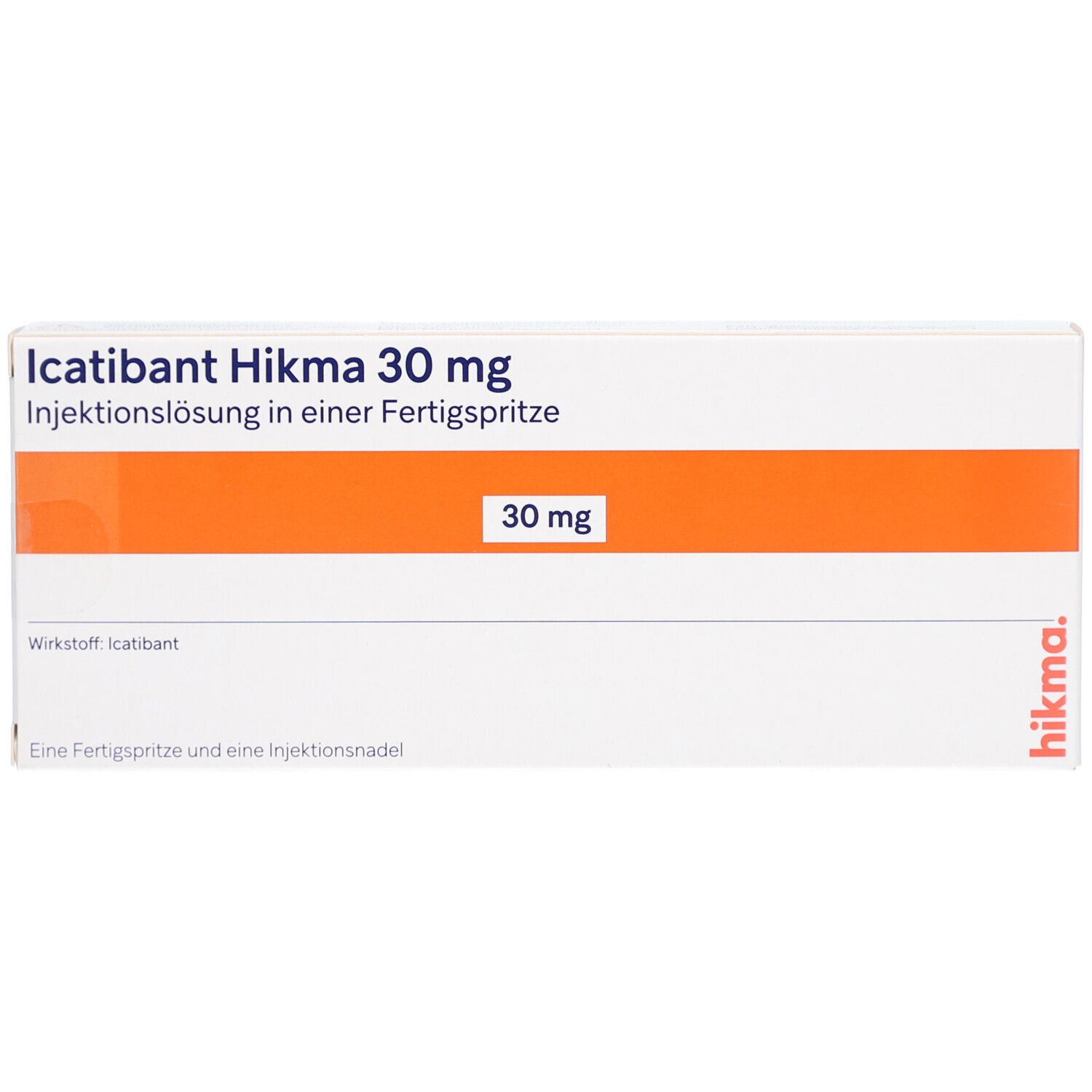 Karton von ICATIBANT Hikma 30 mg. Orangefarbener Streifen mit Aufschrift 30 mg. Fertigspritze und Injektionsnadel.