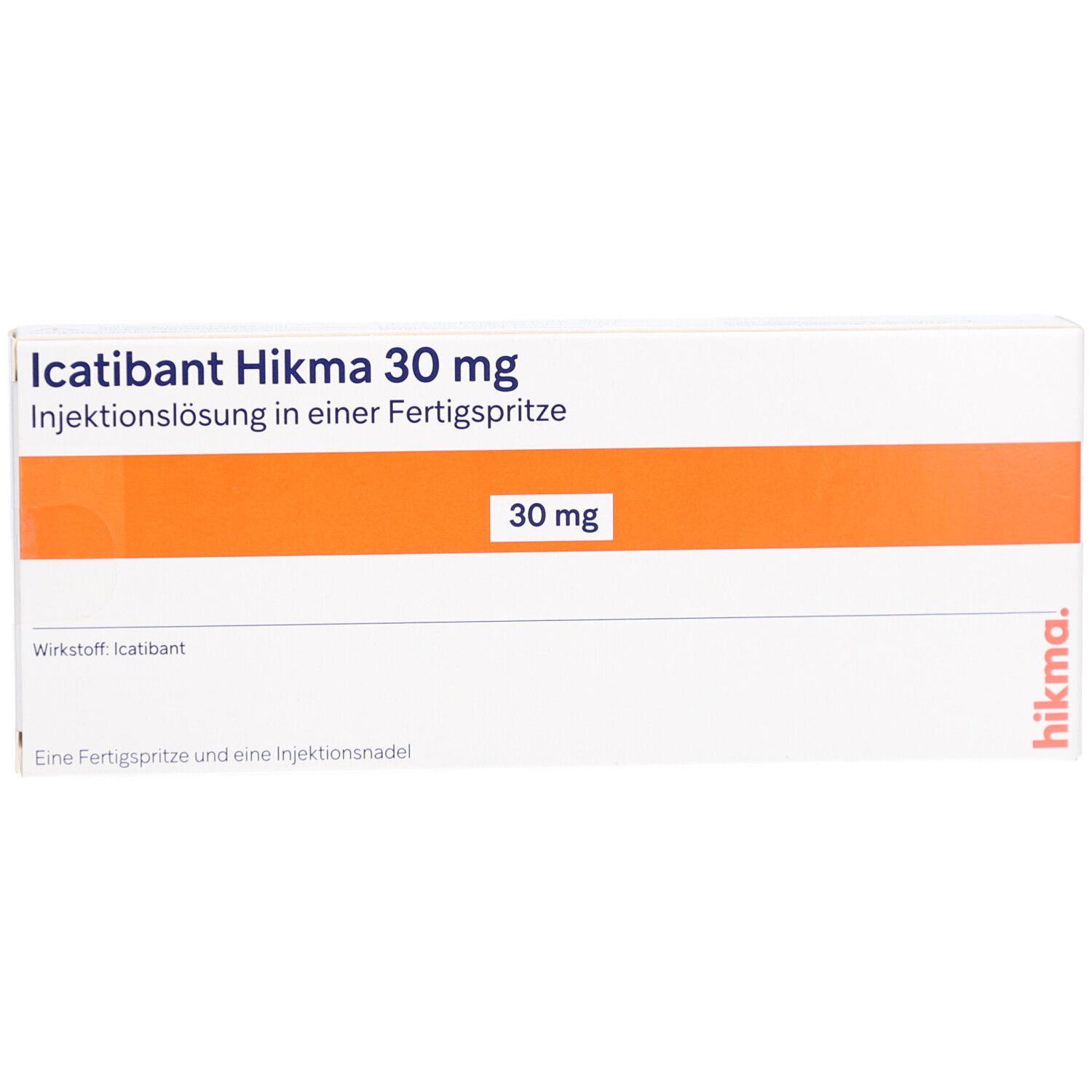 Karton von ICATIBANT Hikma 30 mg. Orangefarbener Streifen mit Aufschrift 30 mg. Fertigspritze und Injektionsnadel.