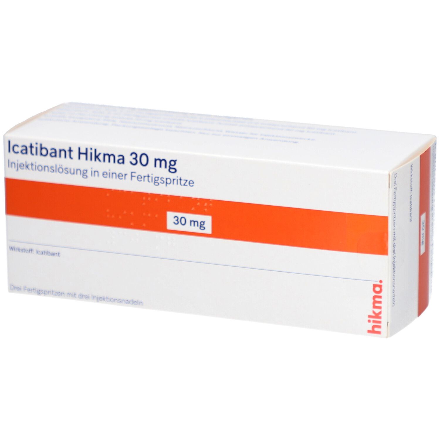 Karton mit Aufschrift: Icatinibant Hikma 30 mg Injektionslösung. Orangefarbener Streifen. Fertigspritze.