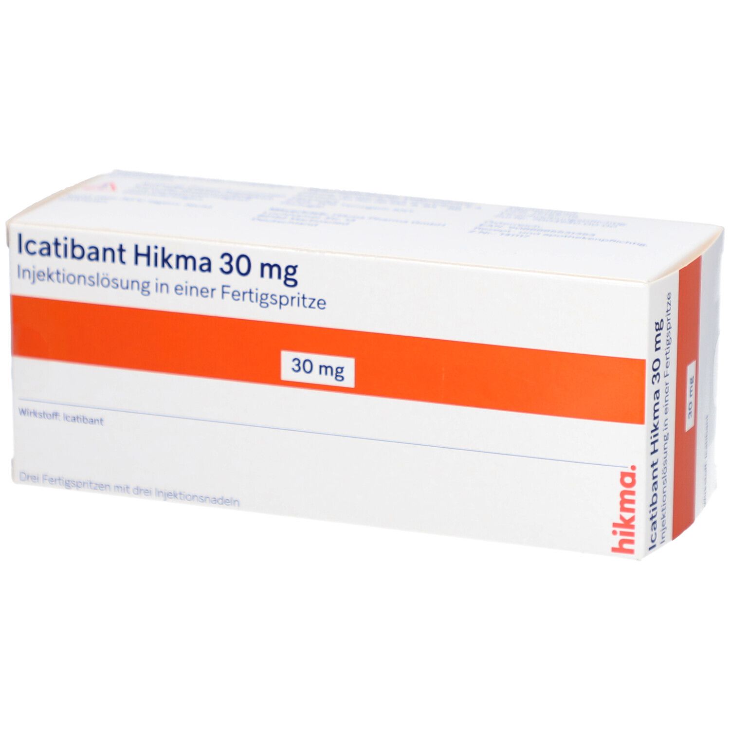 Karton mit Aufschrift: Icatinibant Hikma 30 mg Injektionslösung. Orangefarbener Streifen. Fertigspritze.