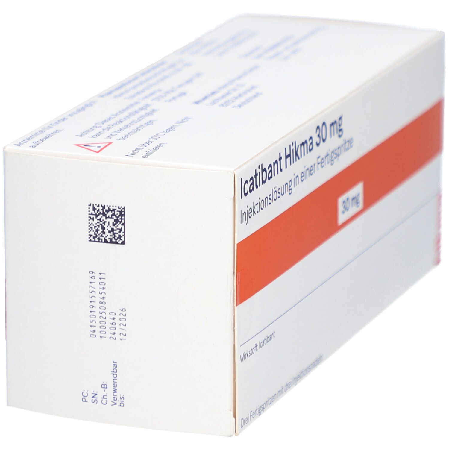 Karton, Seitenansicht. Aufschrift: Icatinibant Hikma 30 mg. Orangefarbener Streifen. Barcode und Verfallsdatum.