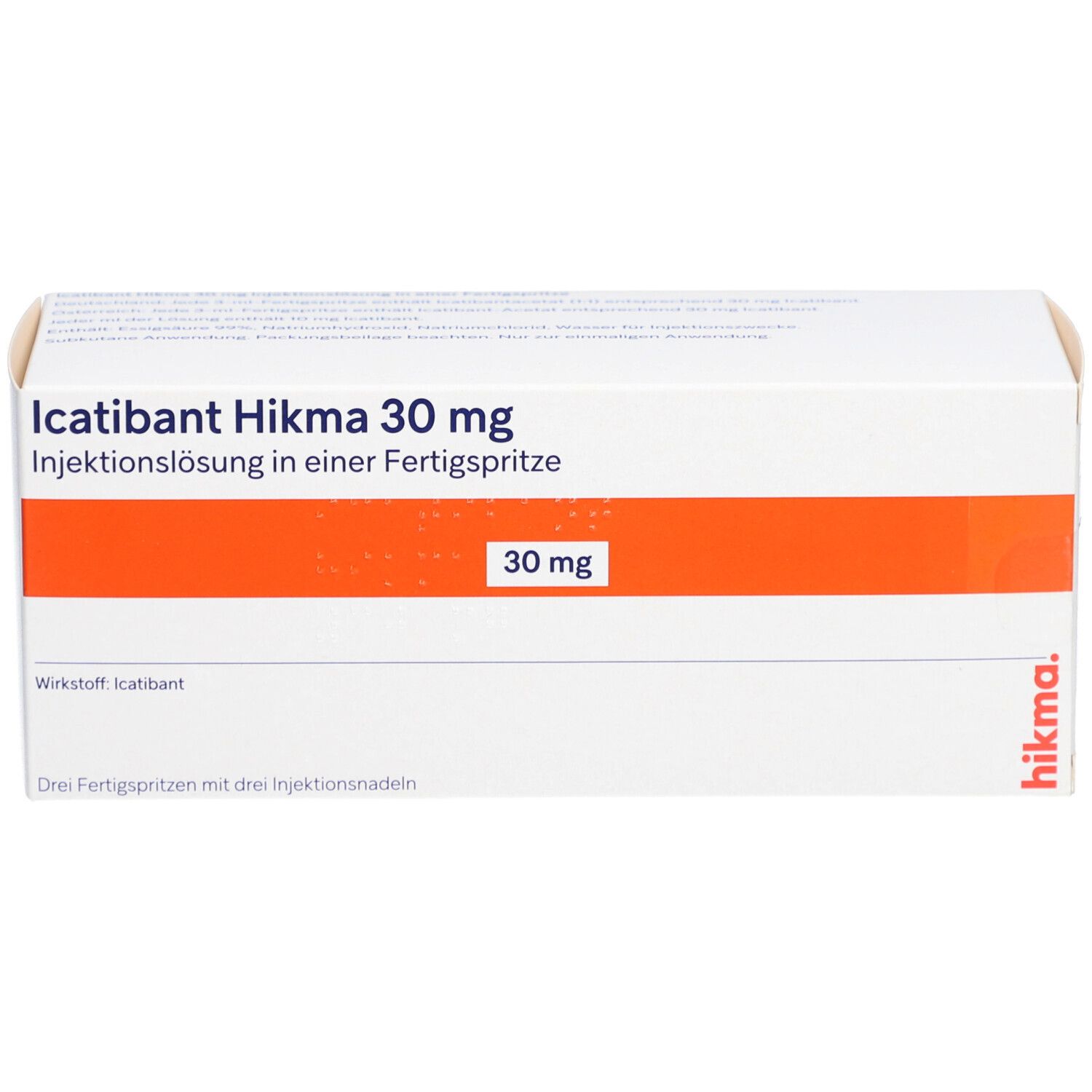 Karton mit Aufschrift: Icatinibant Hikma 30 mg Injektionslösung. Orangefarbener Streifen. Fertigspritze.