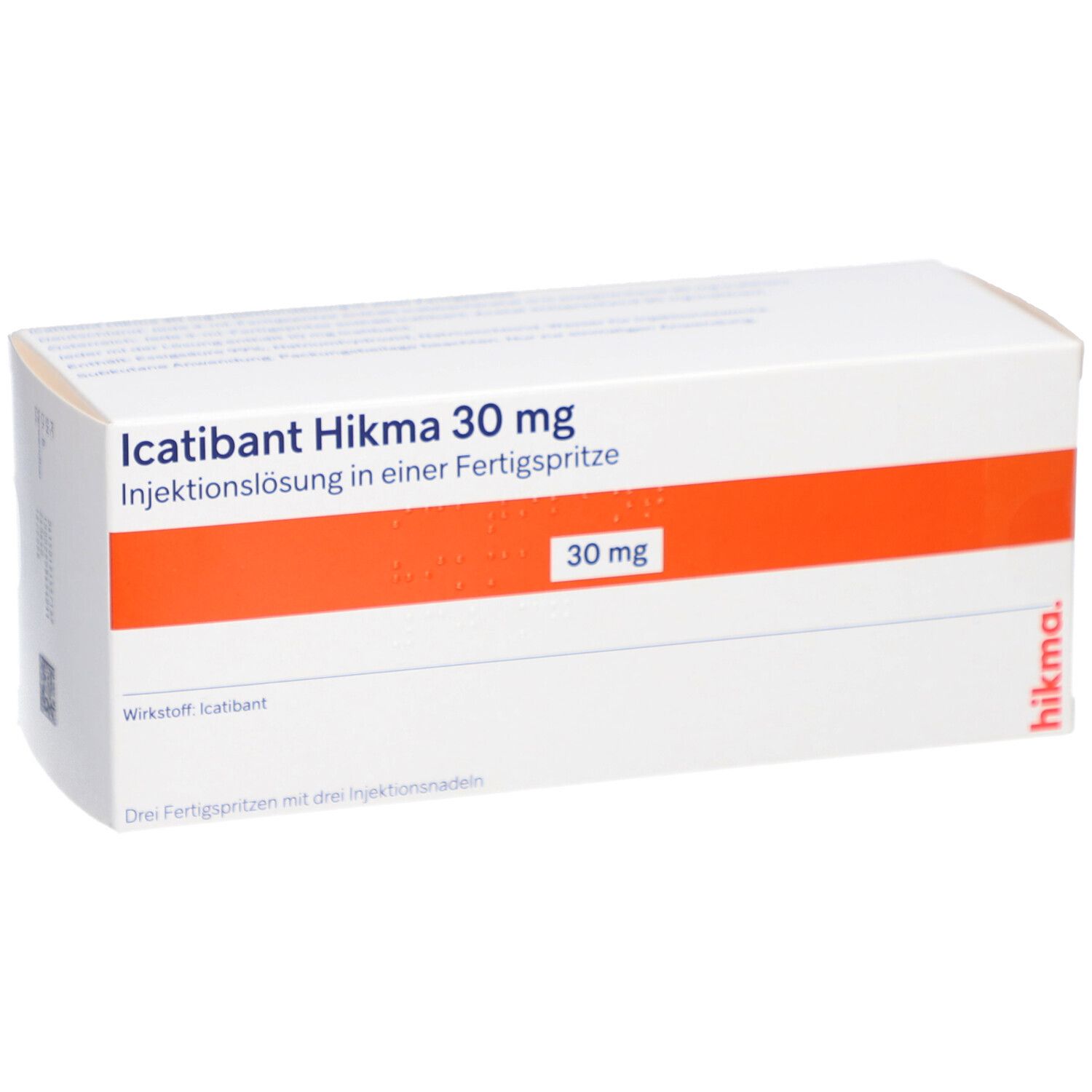 Karton mit Aufschrift: Icatinibant Hikma 30 mg Injektionslösung. Orangefarbener Streifen. Fertigspritze.