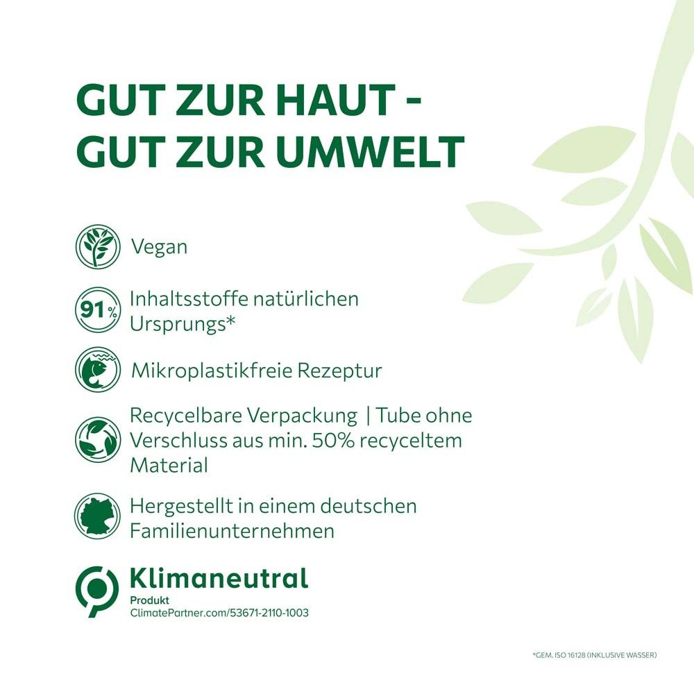 Text: Gut zur Haut - Gut zur Umwelt. Vegan, 91% Inhaltsstoffe natürlichen Ursprungs, Mikroplastikfrei, recycelbar, klimaneutral.