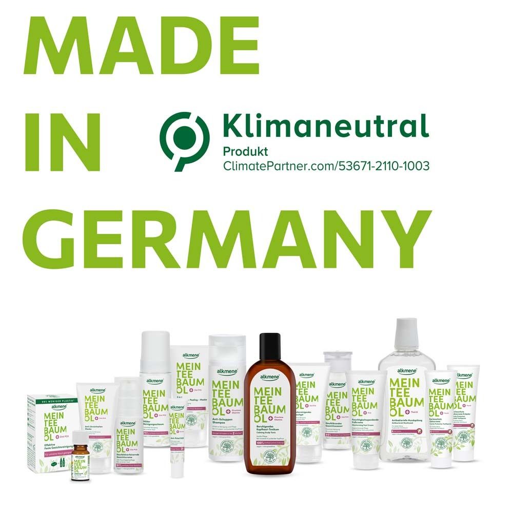 Made in Germany. Klimaneutral Produkt. Verschiedene Produkte der Marke Mein Teebaumöl. Klimaneutral-Logo.