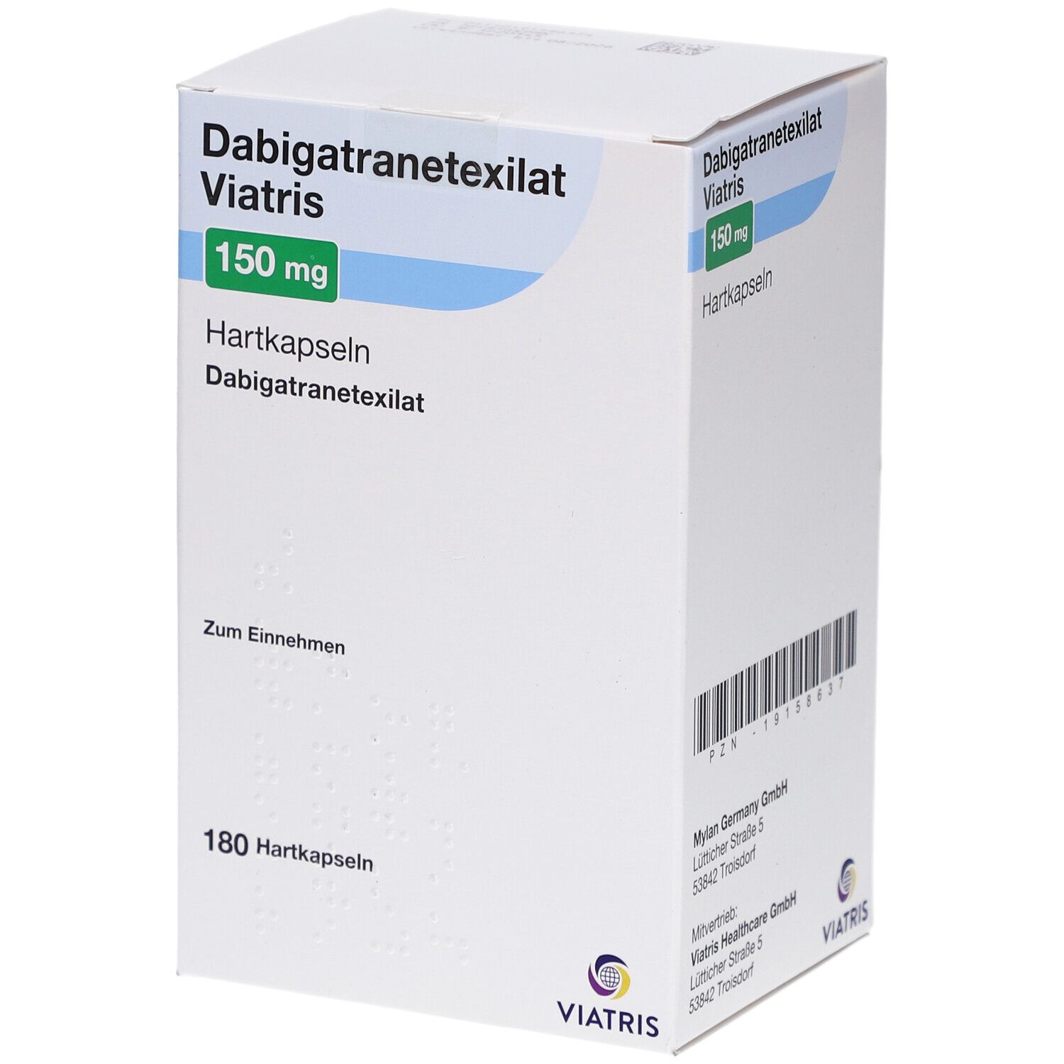 Dabigatranetexilat Viatris 150 mg Hartkapseln, weiße Schachtel. Aufschrift: 150 mg, Hartkapseln, Viatris Logo. 180 Hartkapseln.