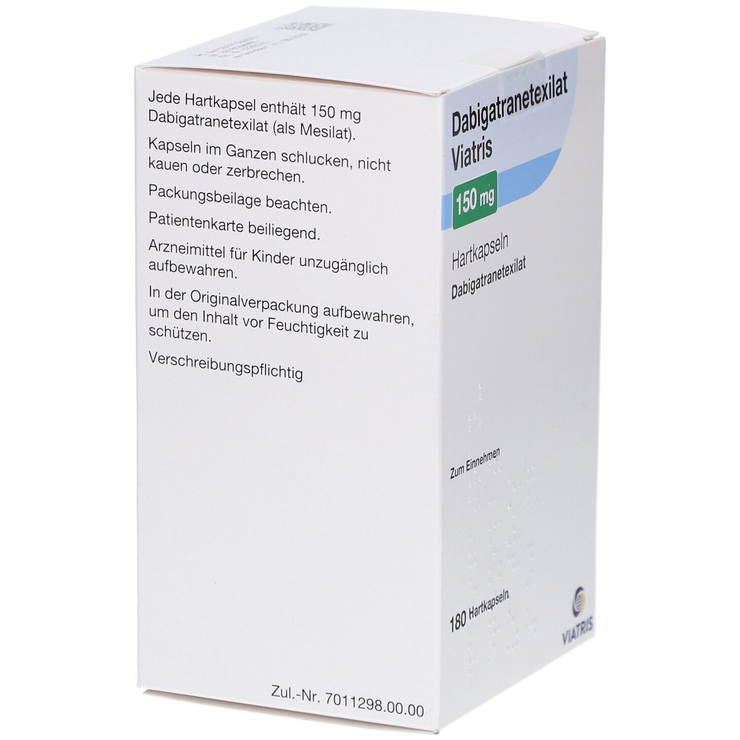 Dabigatranetexilat Viatris 150 mg Hartkapseln, weiße Schachtel. Aufschrift: 150 mg, Hartkapseln, Viatris Logo. Text auf der Seite.