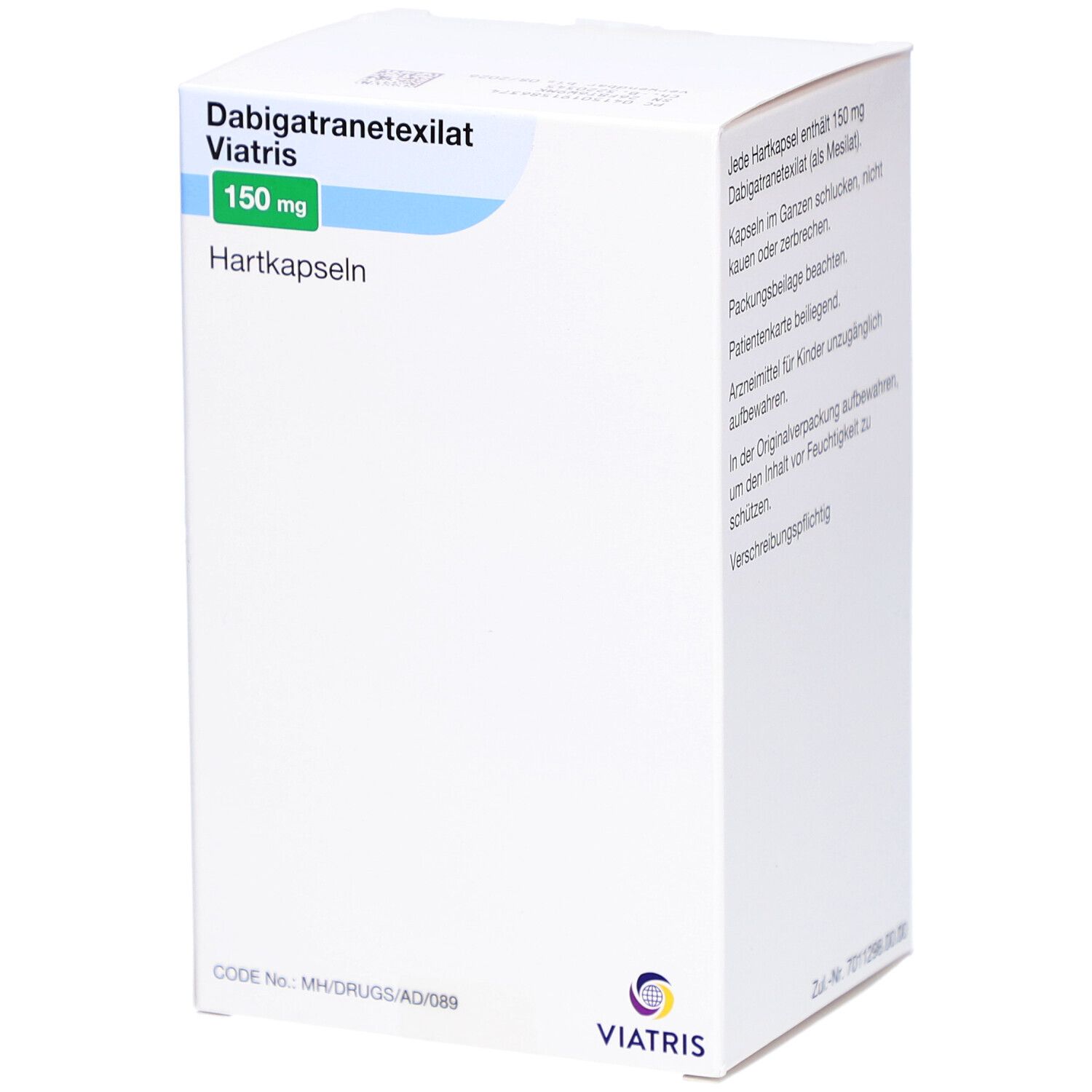 Dabigatranetexilat Viatris 150 mg Hartkapseln, weiße Schachtel. Aufschrift: 150 mg, Hartkapseln, Viatris Logo. Code No. MH/DRUGS/AD/089.