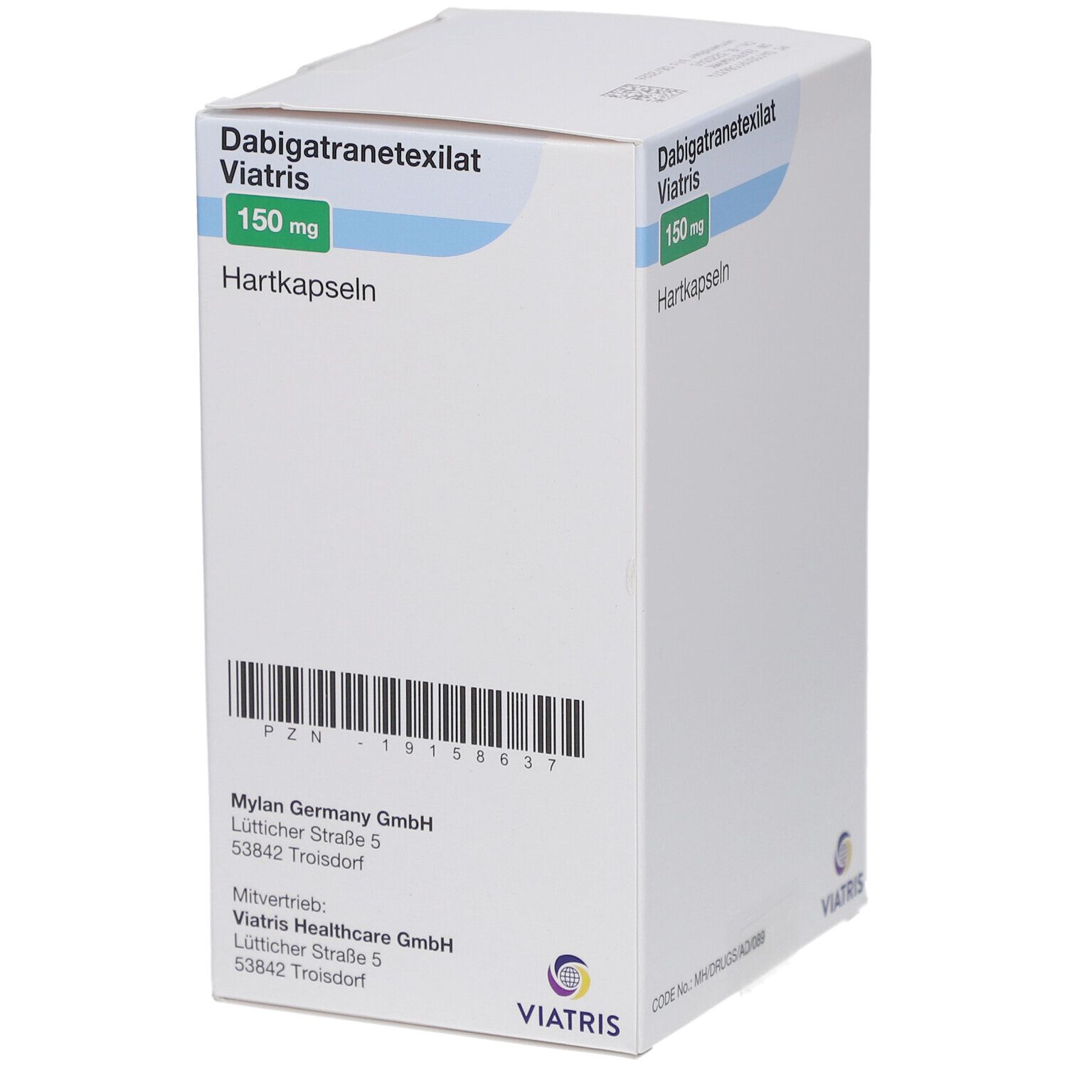 Dabigatranetexilat Viatris 150 mg Hartkapseln, weiße Schachtel. Aufschrift: 150 mg, Hartkapseln, Viatris Logo. Barcode.
