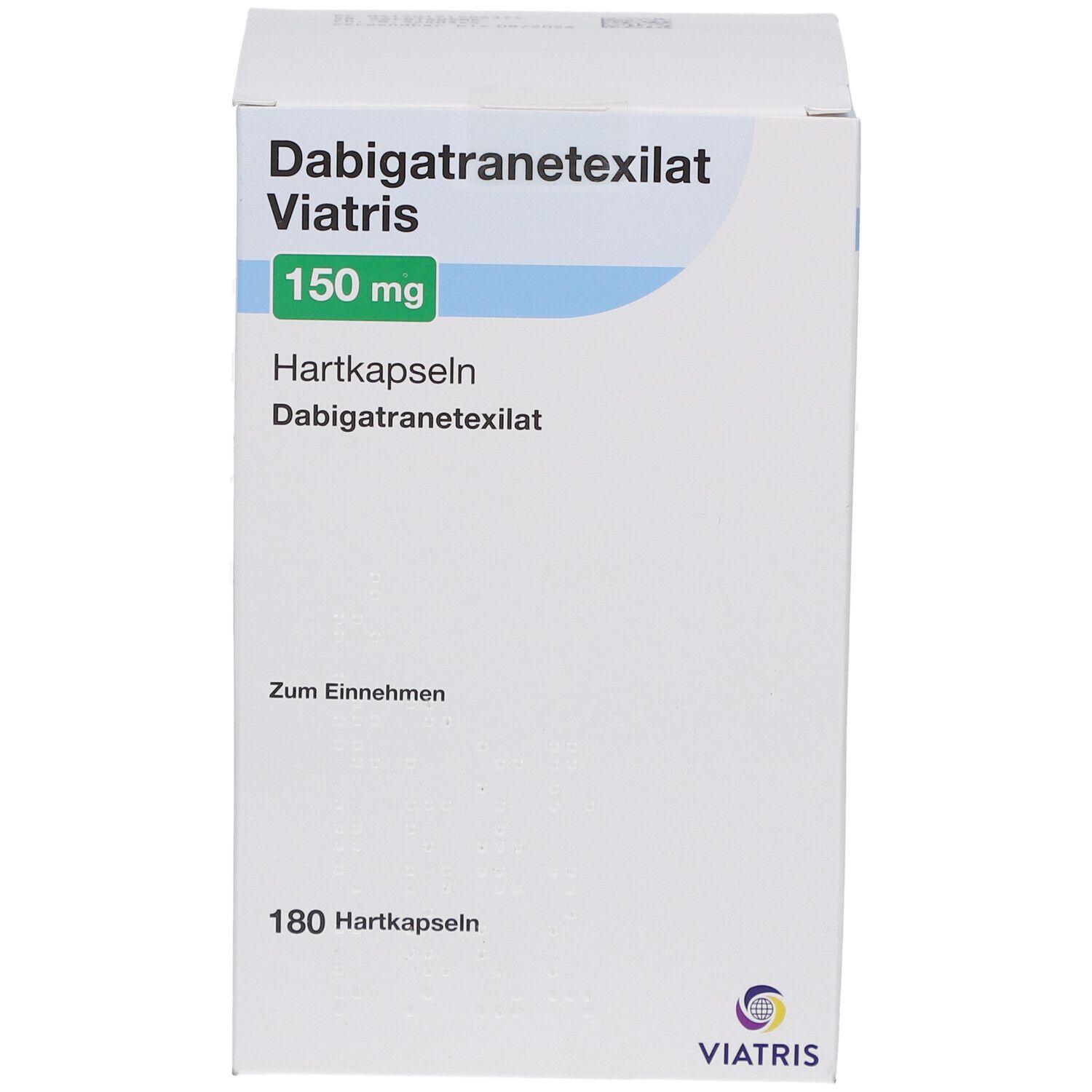 Dabigatranetexilat Viatris 150 mg Hartkapseln, weiße Schachtel. Aufschrift: 150 mg, Hartkapseln, Viatris Logo. 180 Hartkapseln.