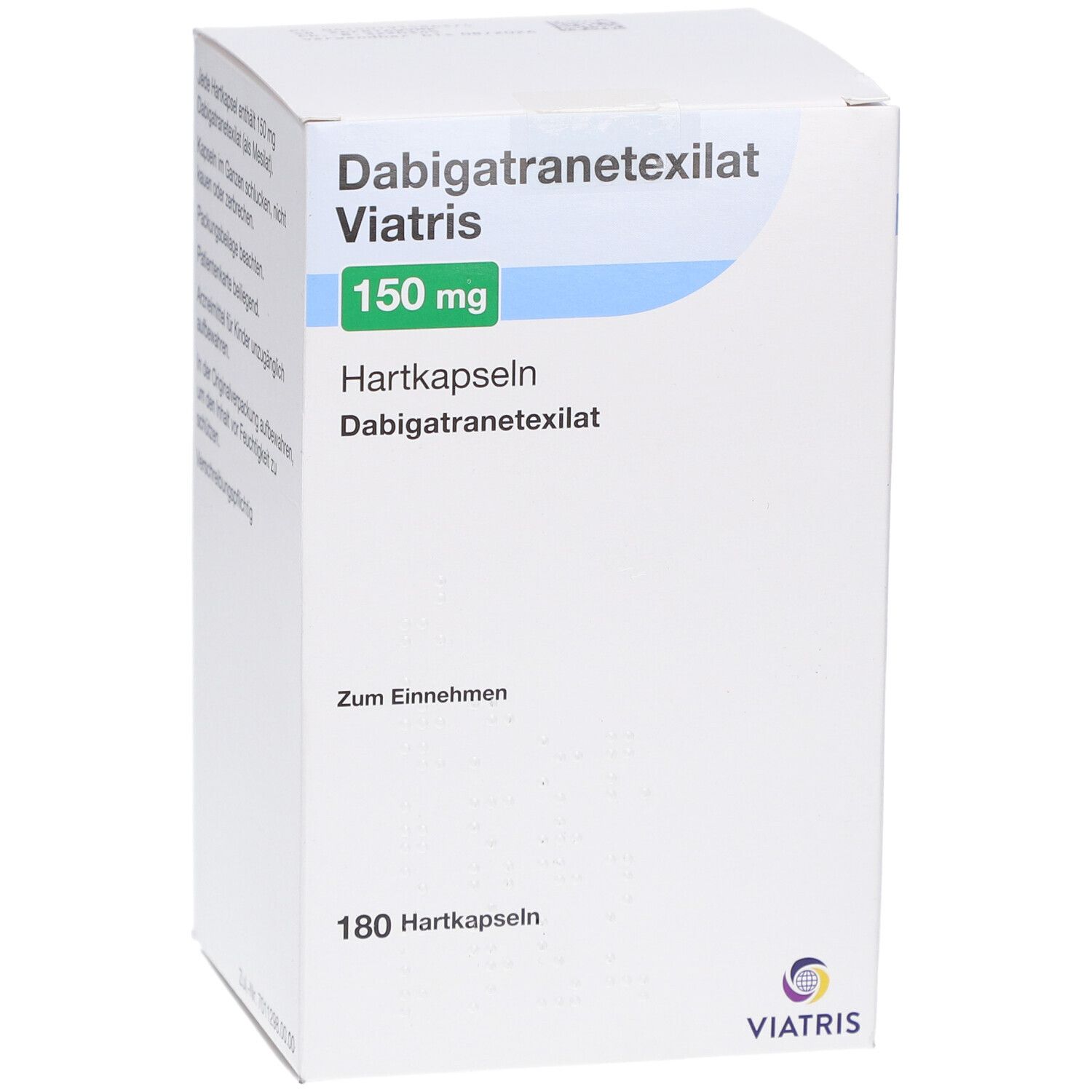Dabigatranetexilat Viatris 150 mg Hartkapseln, weiße Schachtel. Aufschrift: 150 mg, Hartkapseln, Viatris Logo. Text auf der Seite.
