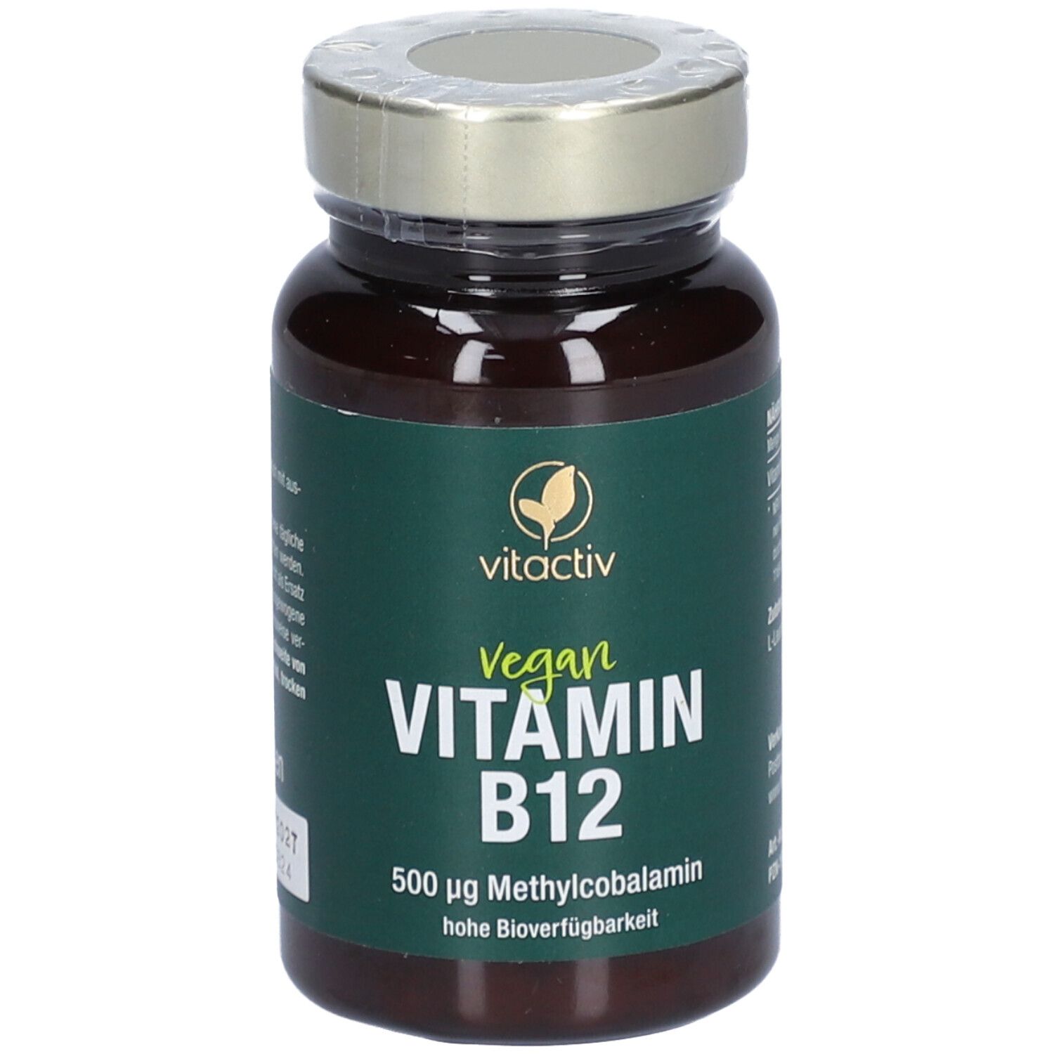 Braune Flasche mit Tabletten. vitactiv Logo. Text: Vegan Vitamin B12. 500 µg Methylcobalamin.