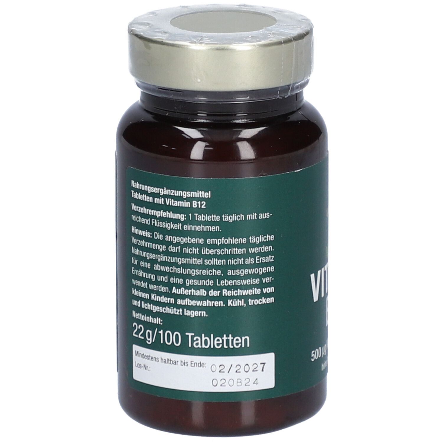 Rückseite der Flasche. Text: Nahrungsergänzungsmittel. 22g/100 Tabletten. Mindestens haltbar bis 02/2027.