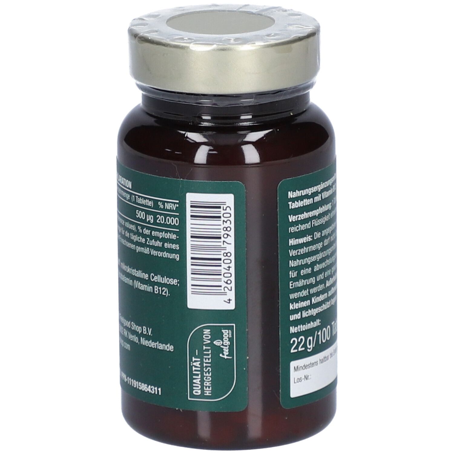 Rückseite der Flasche. Text: Nährwertdeklaration. 22g/100 Tabletten. Barcode.