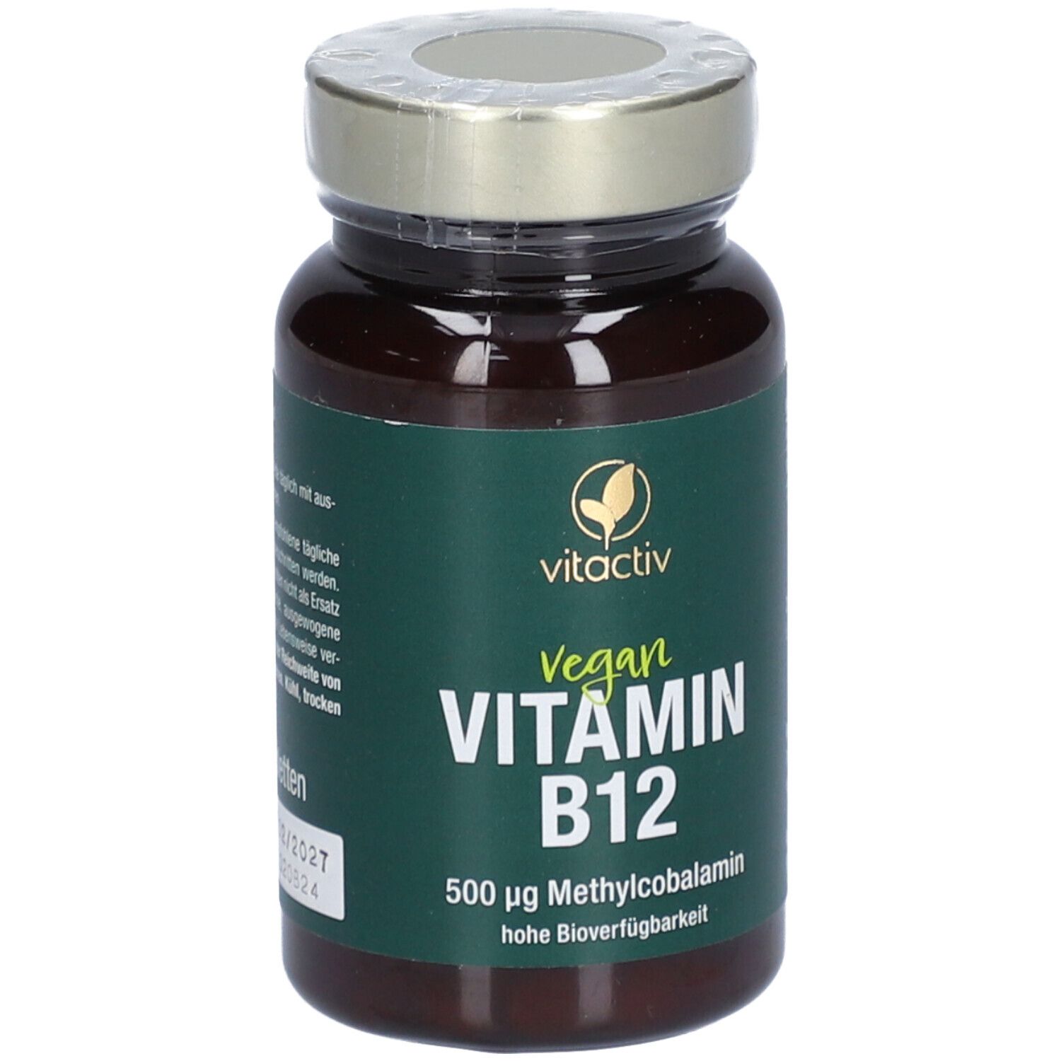Braune Flasche mit Tabletten. vitactiv Logo. Text: Vegan Vitamin B12. 500 µg Methylcobalamin.