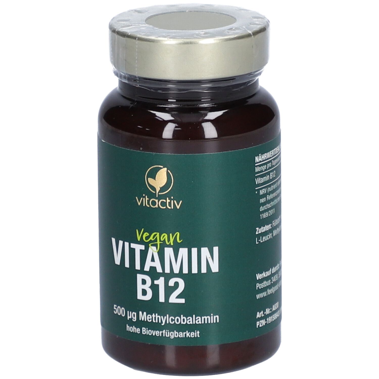 Braune Flasche mit Tabletten. vitactiv Logo. Text: Vegan Vitamin B12. 500 µg Methylcobalamin.