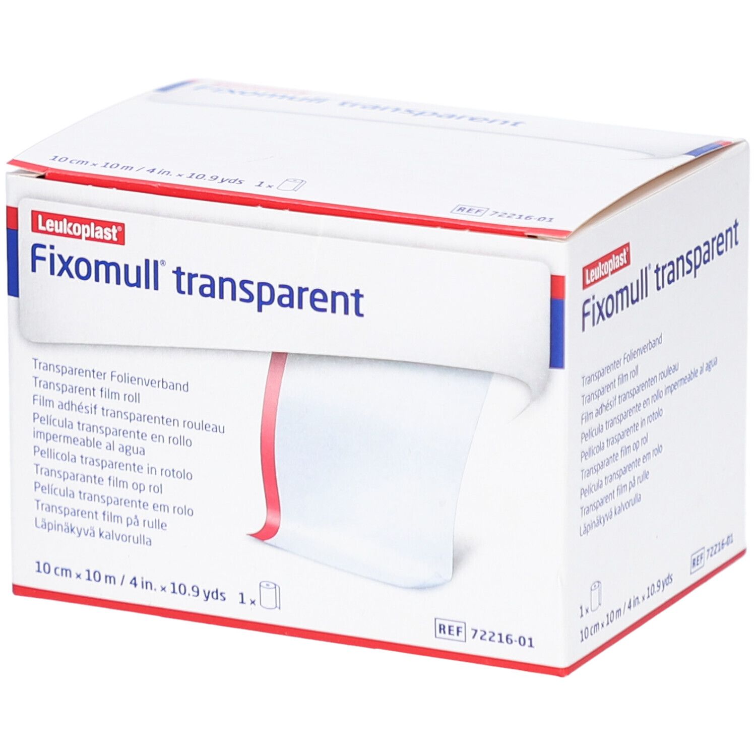 Verpackung von Fixomull® transparent. Weißer Karton mit roter und blauer Linie. Produktname und Größe sind sichtbar.