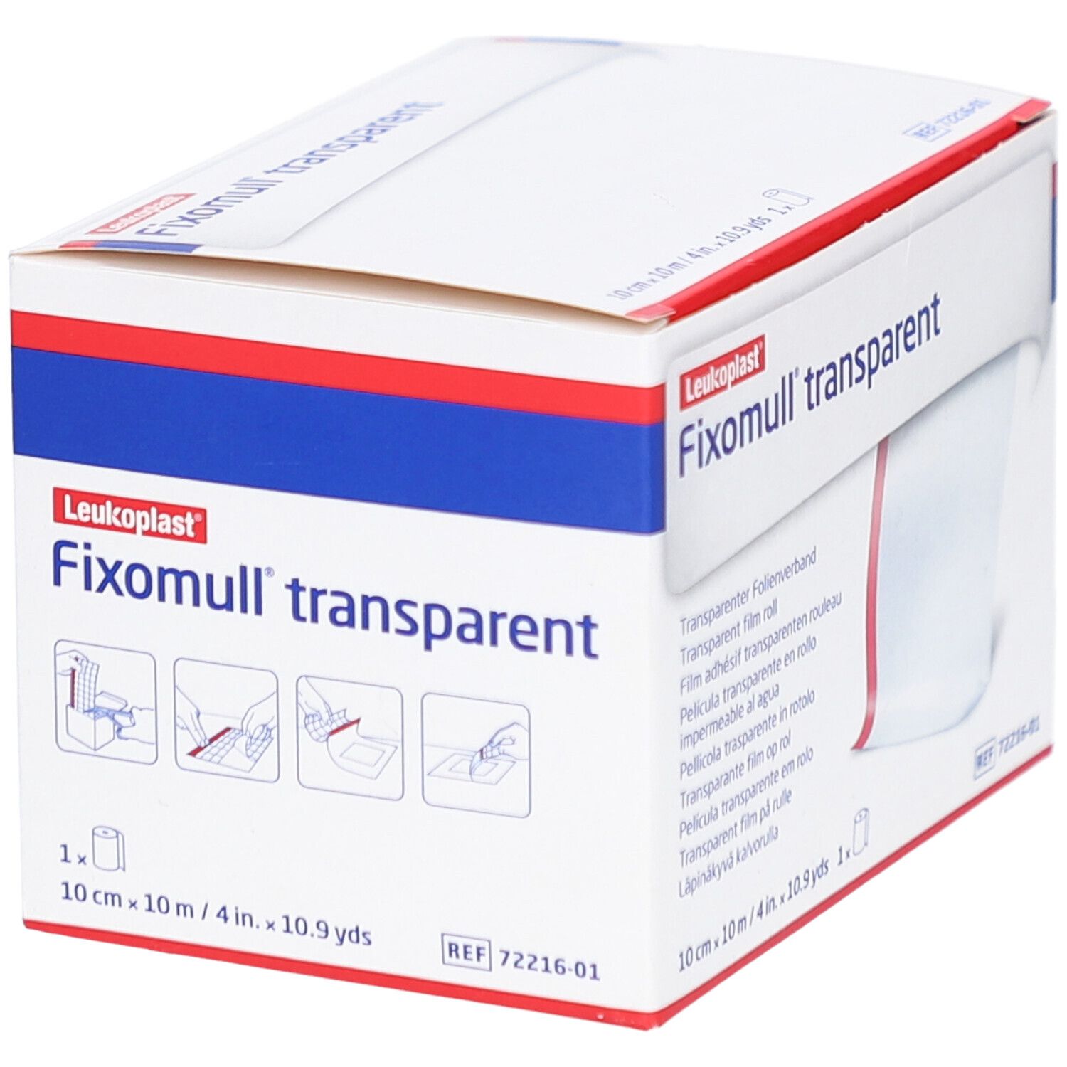 Fixomull® transparent Verpackung. Weißer Karton mit roter und blauer Linie. Produktname, Größe und Anwendungshinweise.