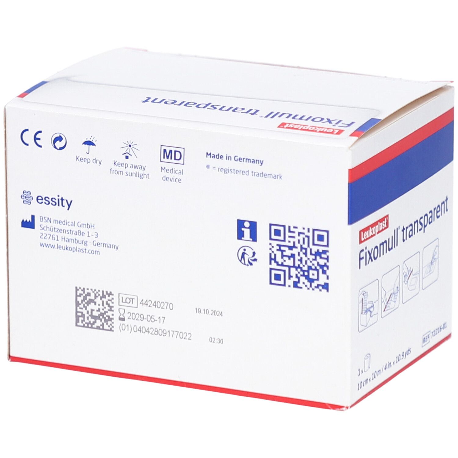 Rückseite der Fixomull® transparent Verpackung. Informationen zu Hersteller, Zertifizierungen und Chargennummer.