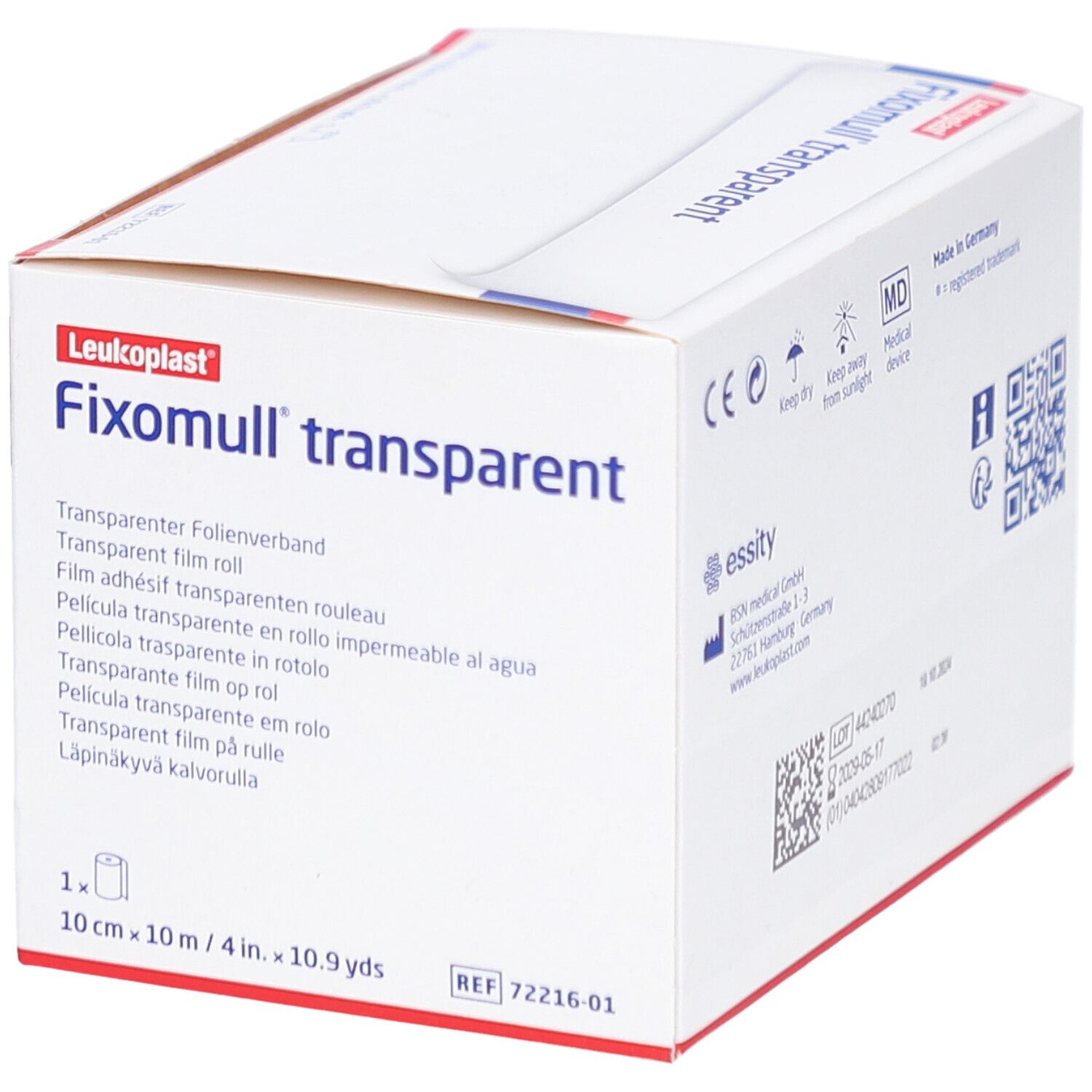 Fixomull® transparent Verpackung. Weißer Karton mit Produktname, Größe und Herstellerinformationen.