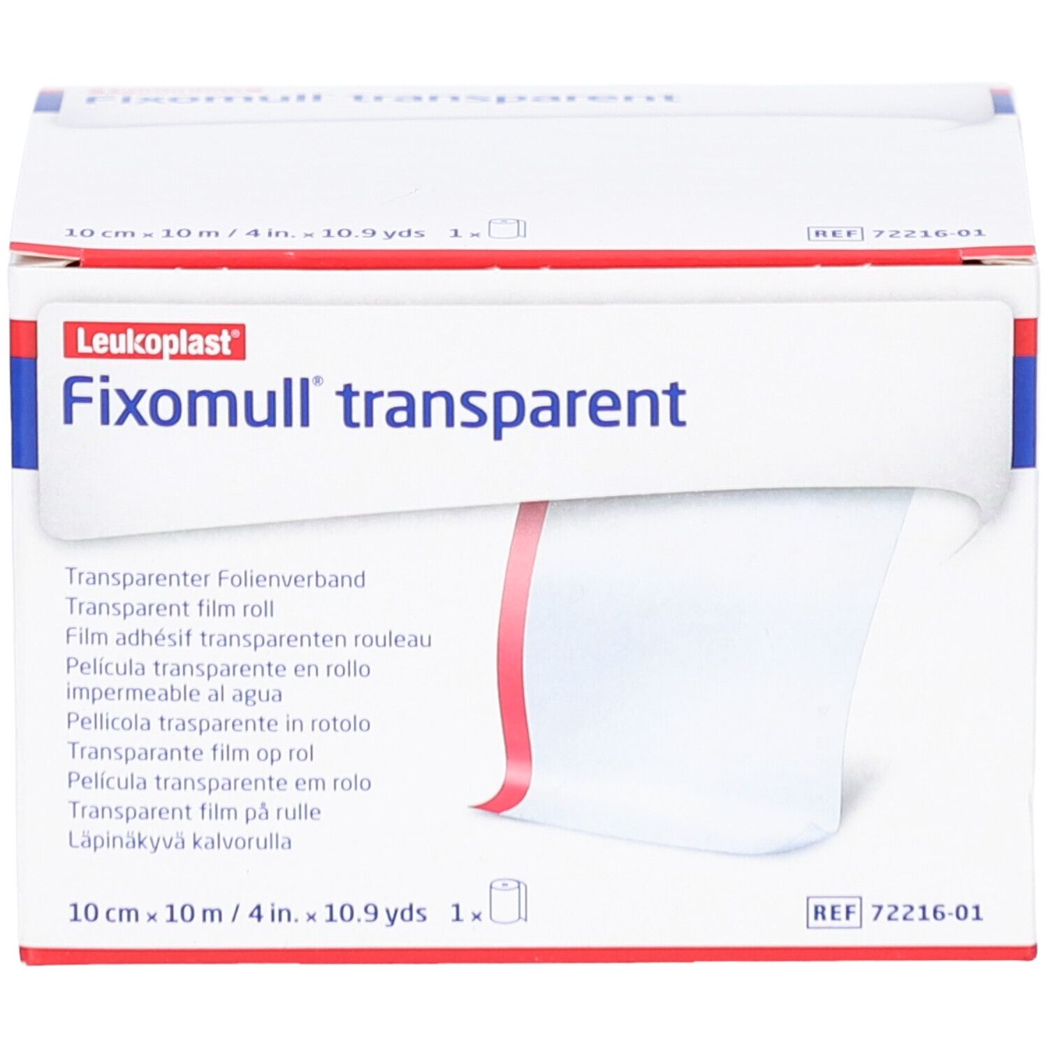 Fixomull® transparent Verpackung. Weißer Karton mit Produktname und transparentem Folienverband, teilweise sichtbar.