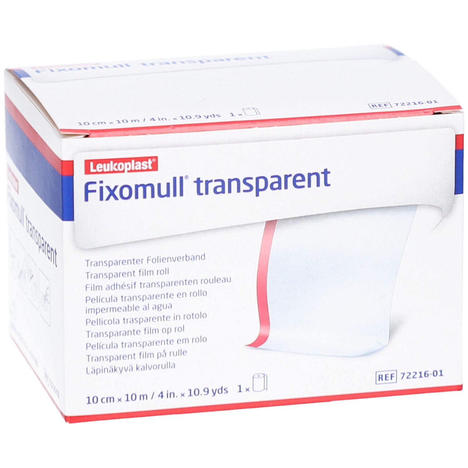Fixomull® transparent Verpackung. Weißer Karton mit Produktname und transparentem Folienverband, teilweise sichtbar.