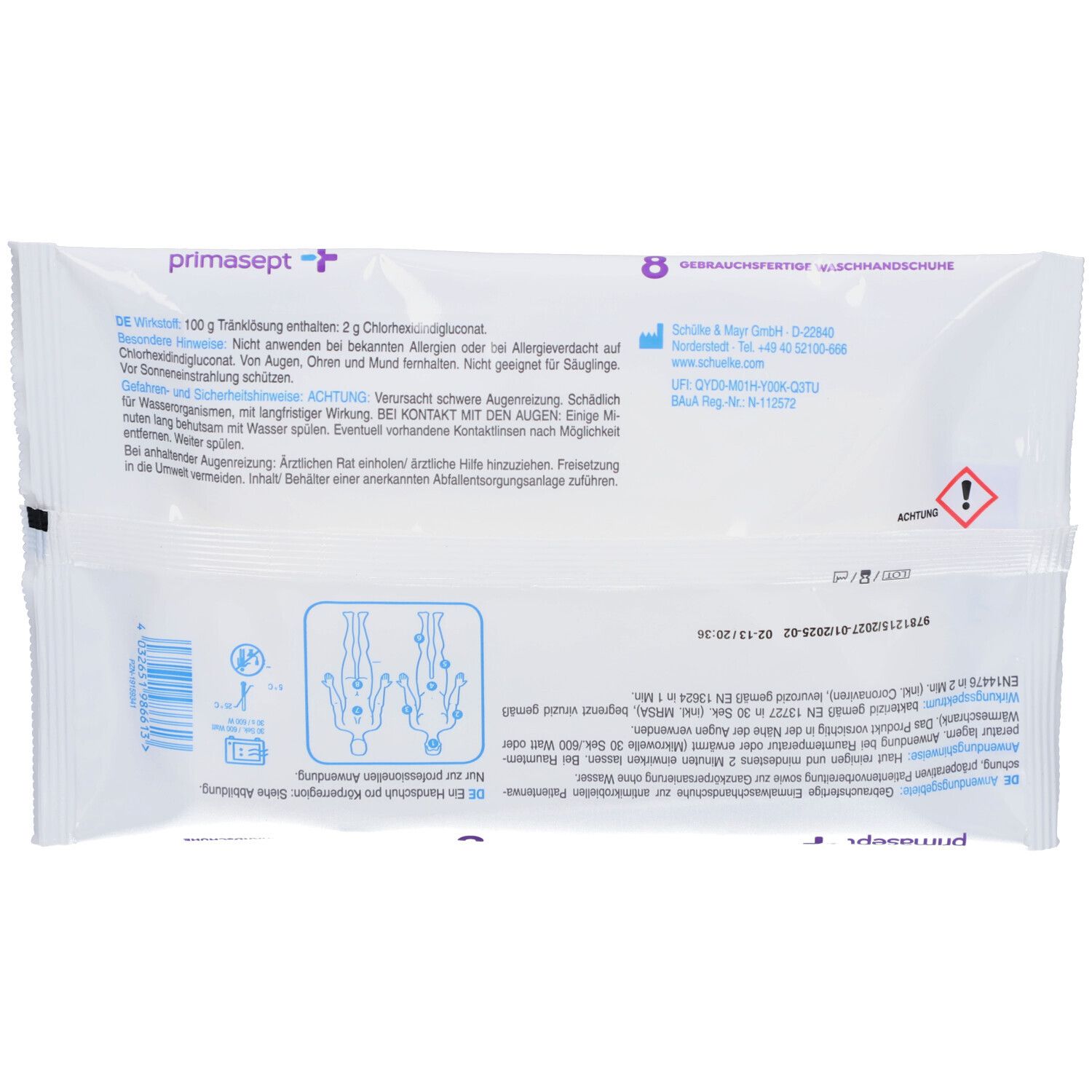 Rückseite der Verpackung mit Text. Produktname und Warnhinweis. Herstellerinformationen und Chargennummer.