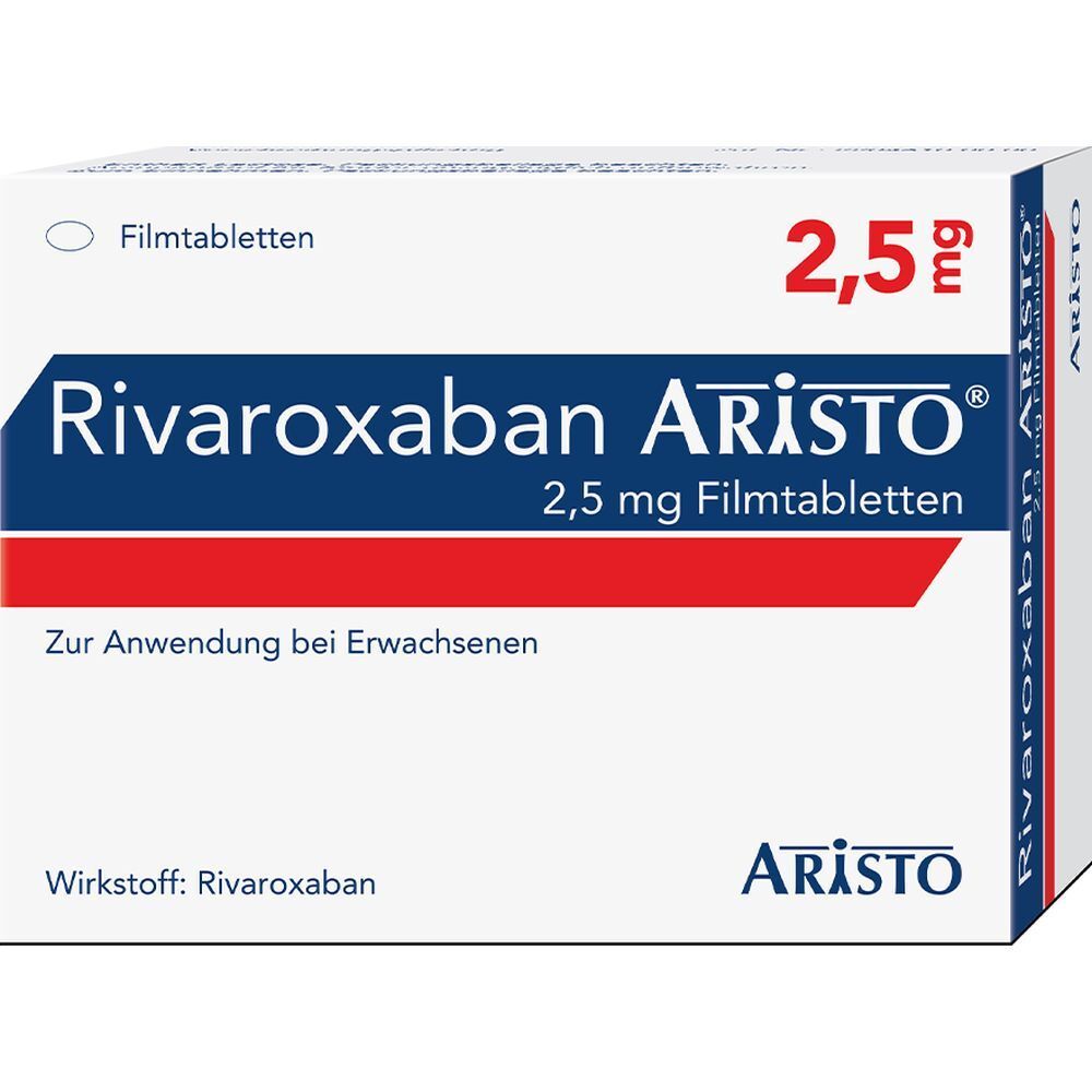 Schachtel mit RIVAROXABAN Aristo 2,5 mg Filmtabletten. Weiß, mit blauer und roter Schrift. Aufschrift: Aristo, 2,5 mg, Filmtabletten.
