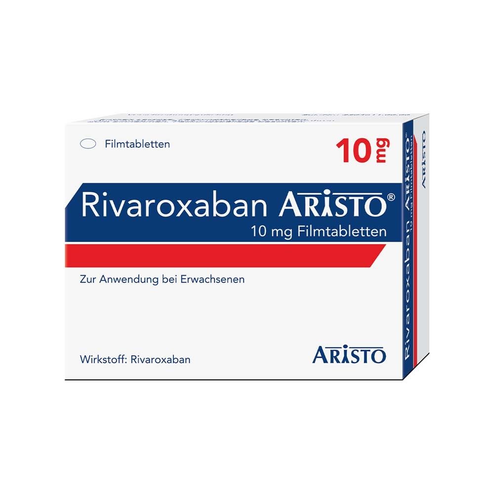 Schachtel mit "Rivaroxaban Aristo 10 mg Filmtabletten". Blaue Schrift auf weißem Grund. Rote Linie. "Zur Anwendung bei Erwachsenen".