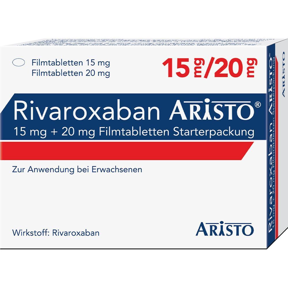 Aristo Rivaroxaban Starterpackung. Weiße Schachtel mit blauer und roter Schrift. Enthält 15mg und 20mg Filmtabletten.