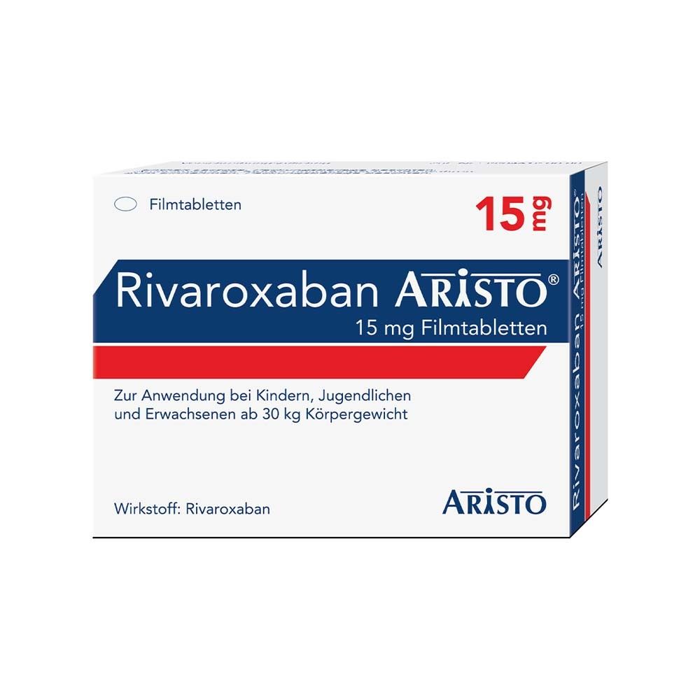 Rivaroxaban Aristo 15 mg Filmtabletten-Packung. Weiße Schachtel mit blauer und roter Schrift. Enthält Informationen zu Dosierung und Anwendung.