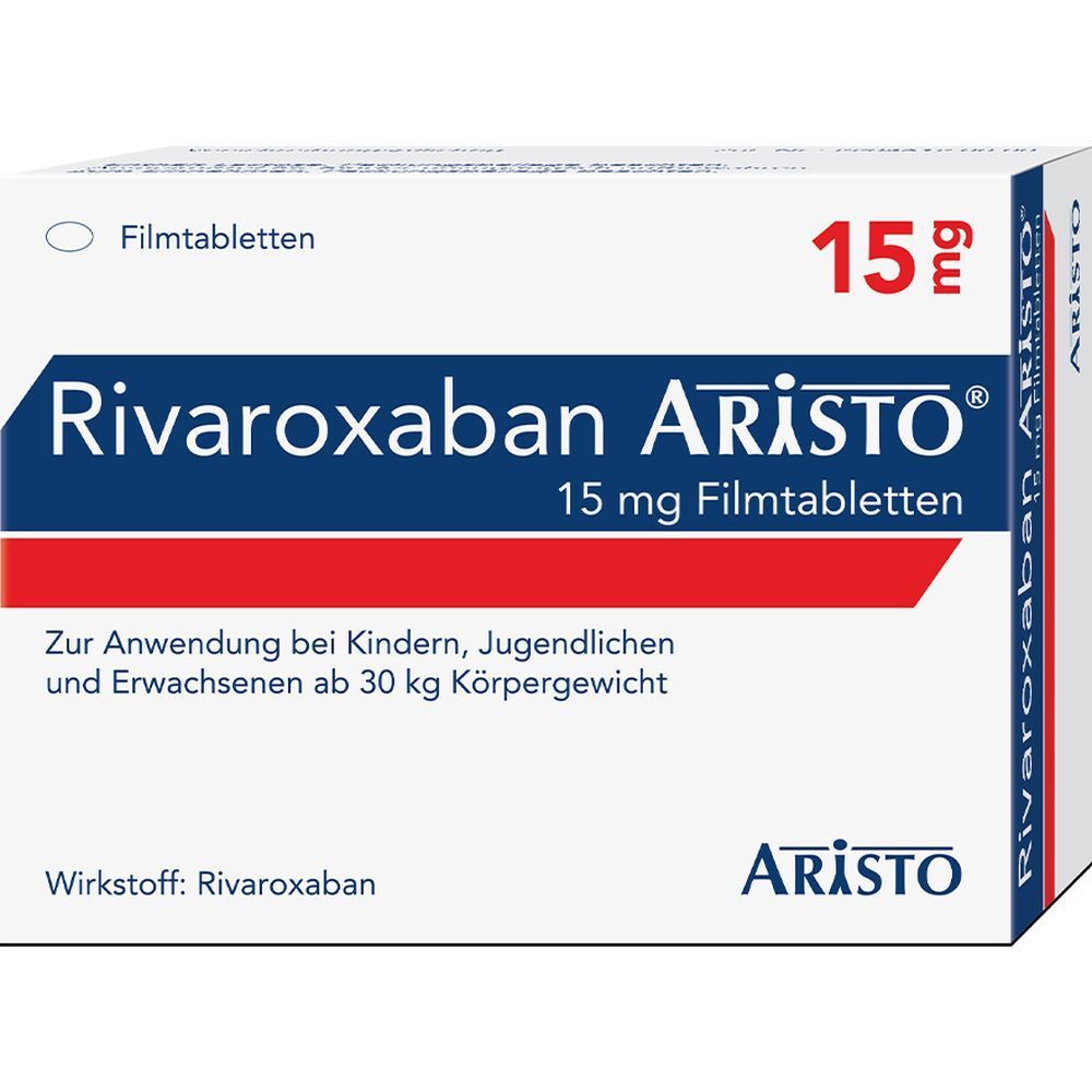 Rivaroxaban Aristo 15 mg Filmtabletten-Packung. Weiße Schachtel mit blauer und roter Schrift. Aufschrift: 15 mg, Aristo.