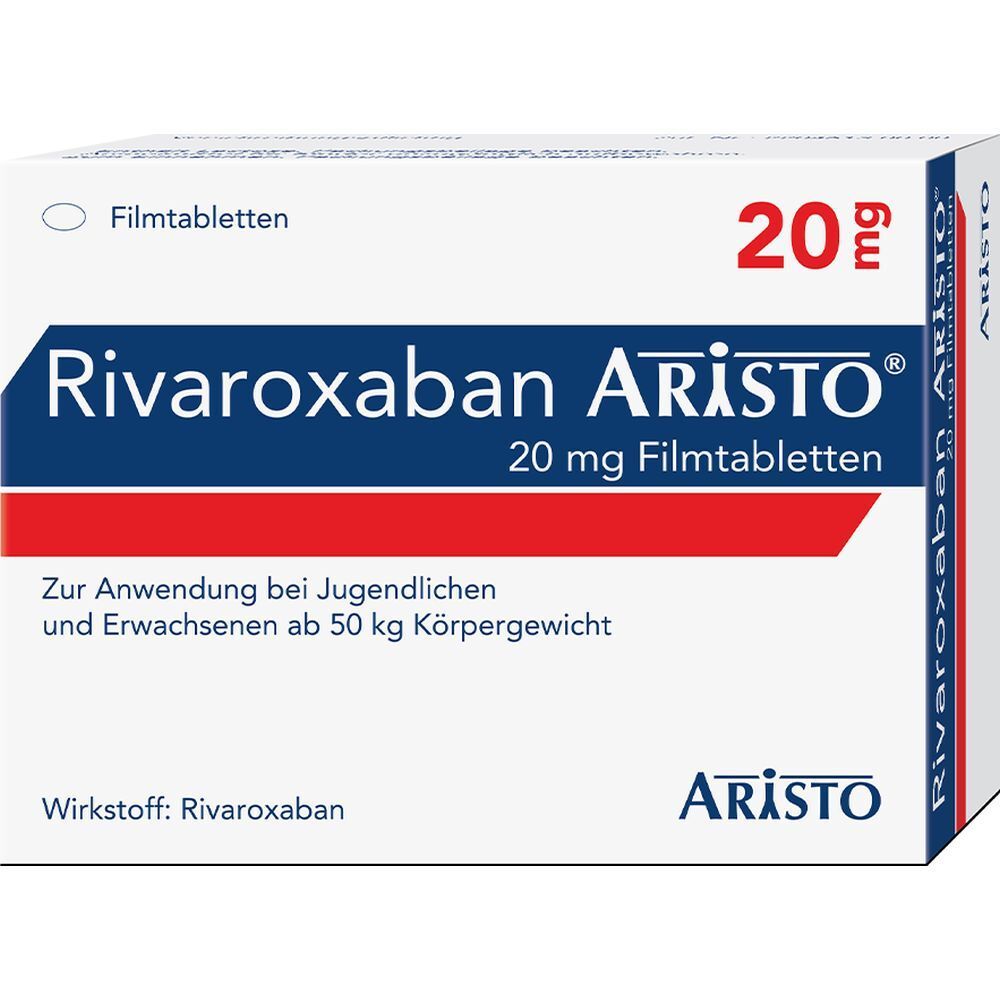 Schachtel mit Rivaroxaban Aristo 20 mg Filmtabletten. Aufschrift: 20 mg, Aristo, Rivaroxaban. Für Jugendliche und Erwachsene ab 50 kg Körpergewicht.