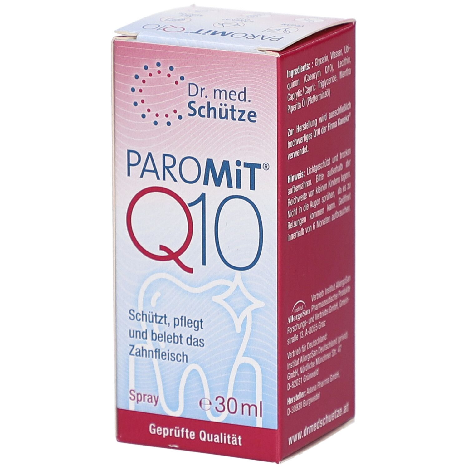 Karton PAROMIT Q10 Spray. Aufschrift: PAROMIT Q10, Dr. med. Schütze. Enthält 30ml. Geprüfte Qualität. Schützt, pflegt und belebt das Zahnfleisch.