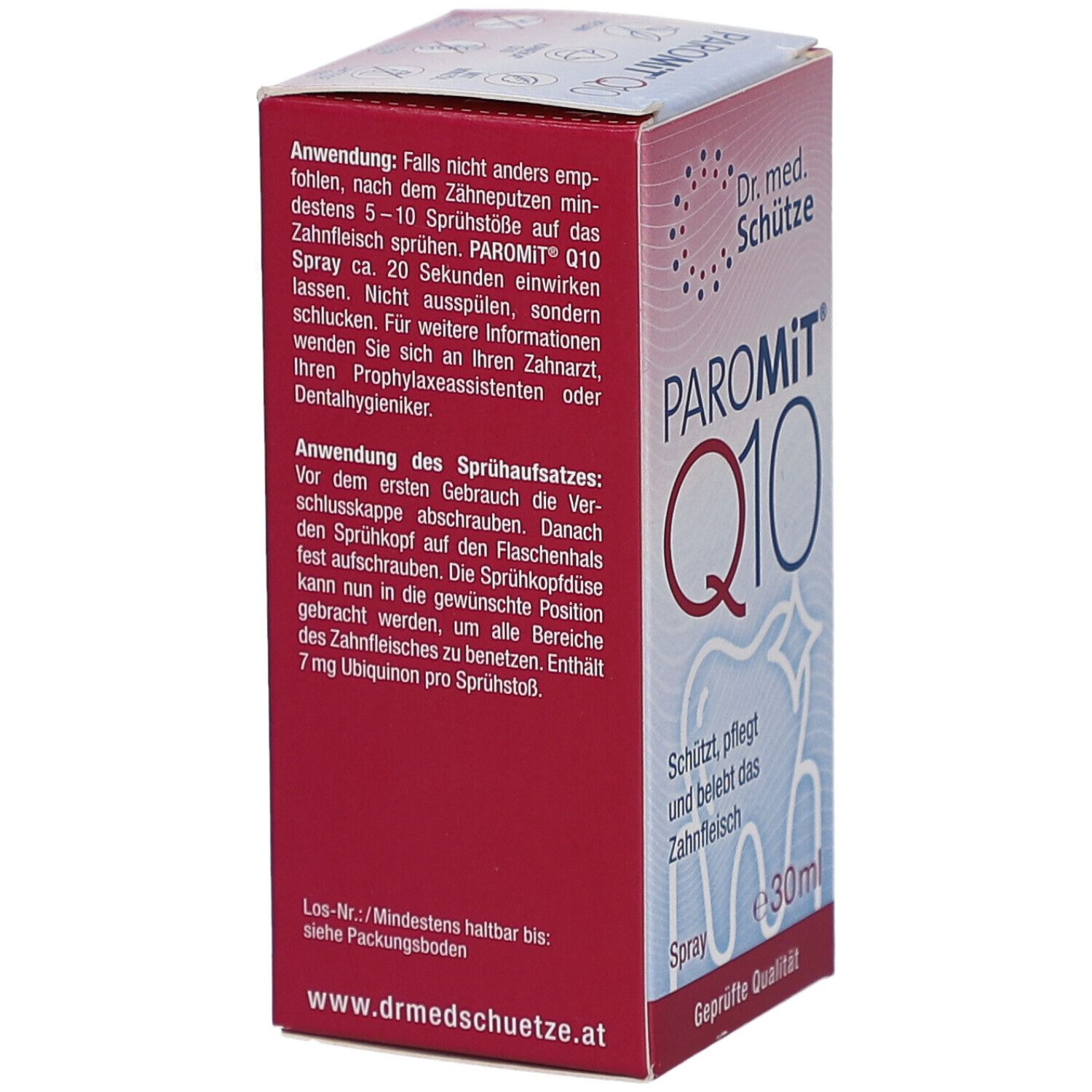 Karton PAROMIT Q10 Spray. Aufschrift: PAROMIT Q10, Dr. med. Schütze. Enthält 30ml. Anwendungshinweise und Inhaltsstoffe auf der Verpackung.