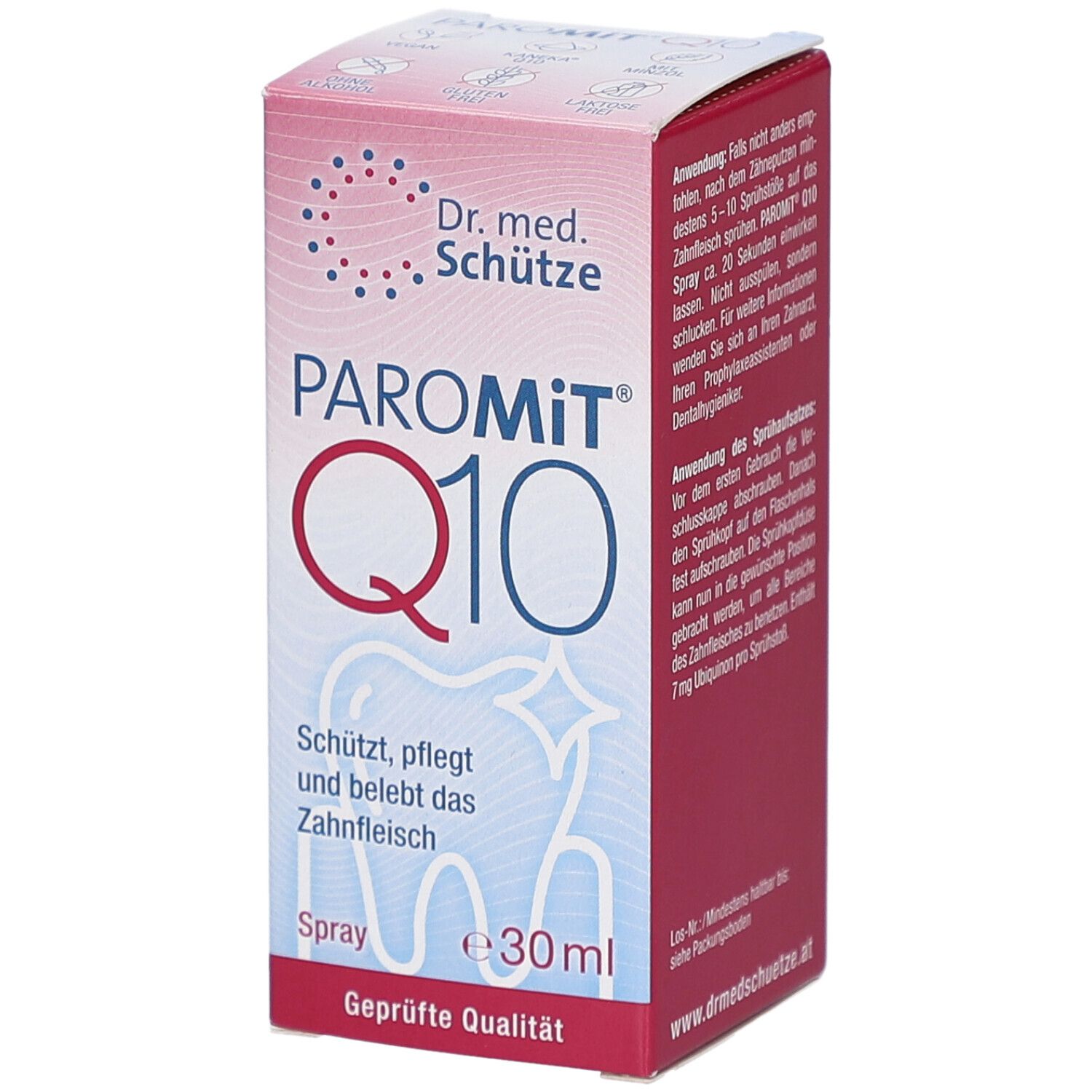 Karton PAROMIT Q10 Spray. Aufschrift: PAROMIT Q10, Dr. med. Schütze. Enthält 30ml. Anwendungshinweise auf der Verpackung.