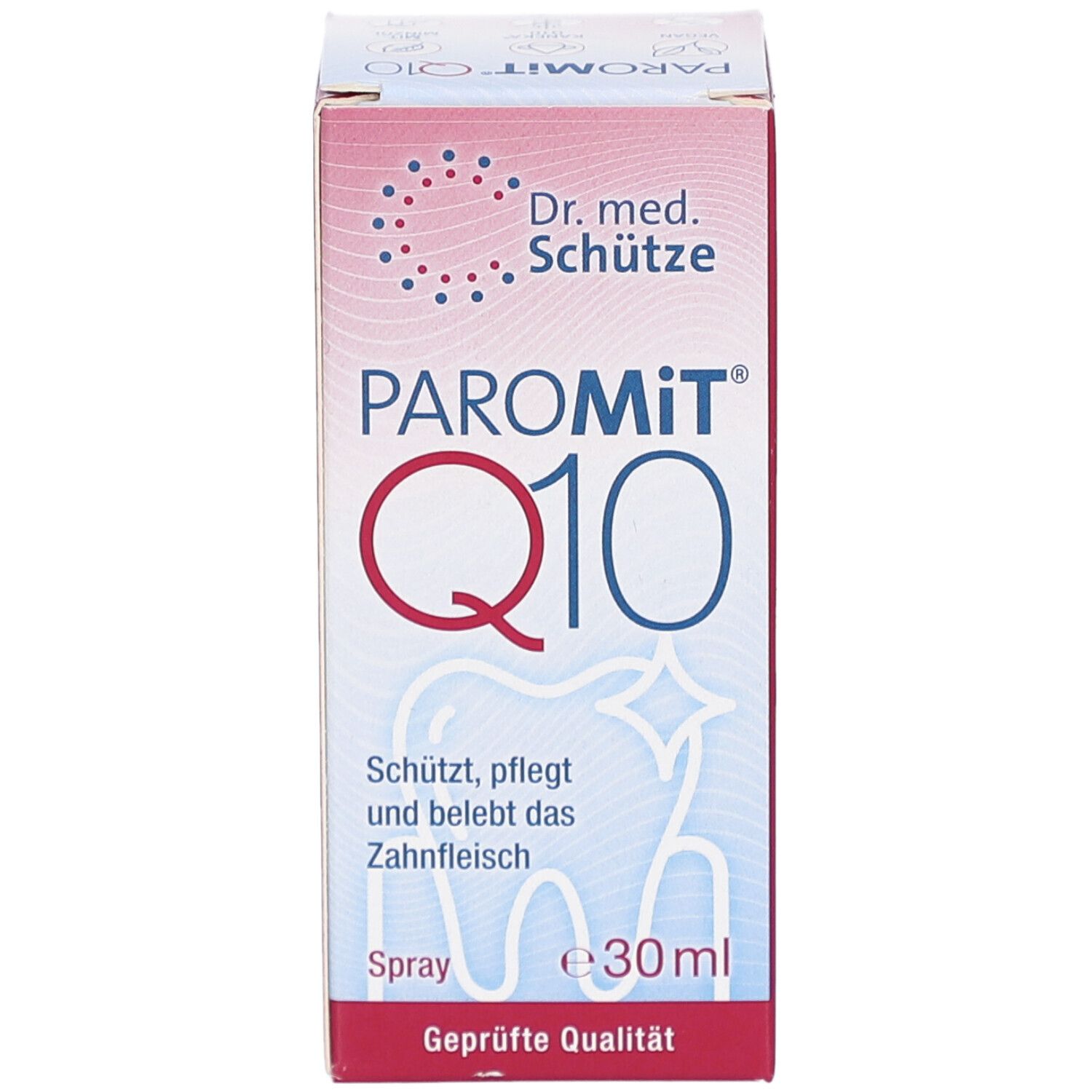Karton PAROMIT Q10 Spray. Aufschrift: PAROMIT Q10, Dr. med. Schütze. Enthält 30ml. Schützt, pflegt und belebt das Zahnfleisch. Geprüfte Qualität.