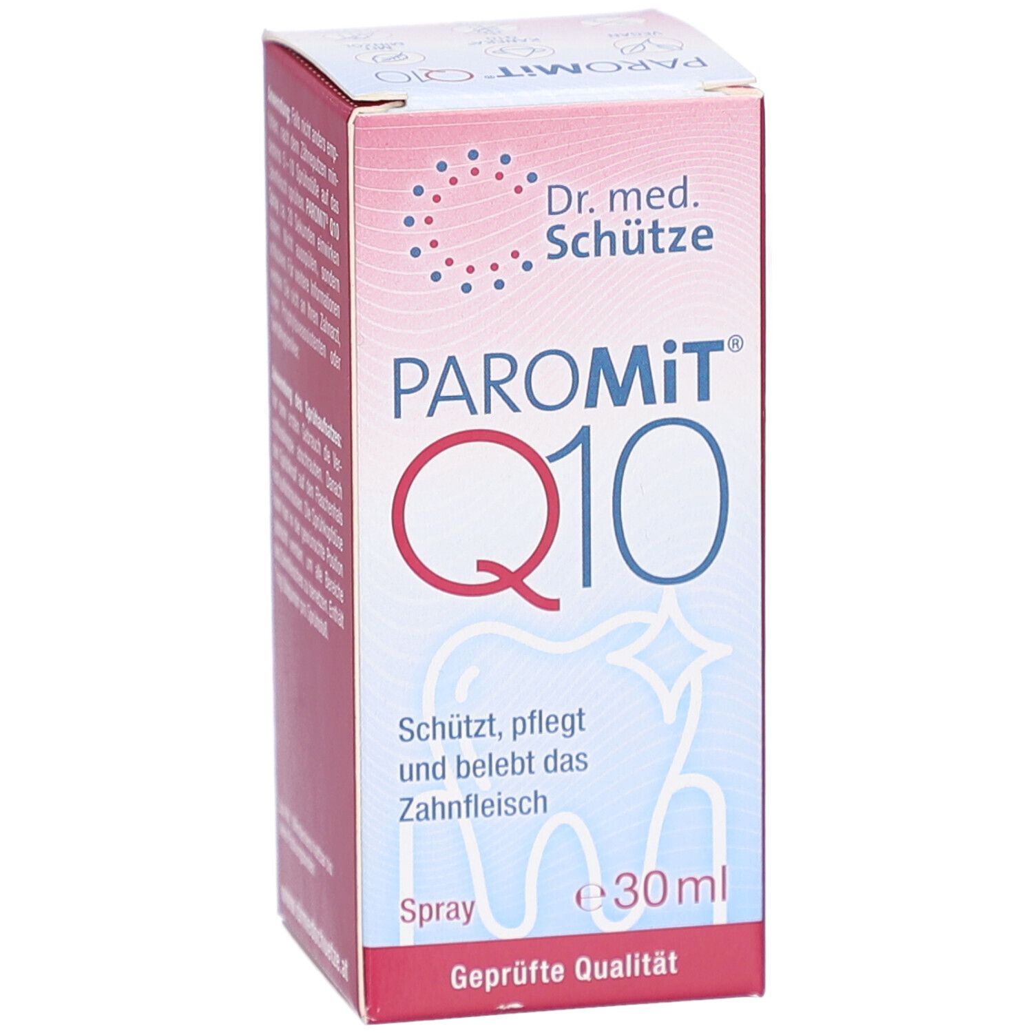 Karton PAROMIT Q10 Spray. Aufschrift: PAROMIT Q10, Dr. med. Schütze. Enthält 30ml. Schützt, pflegt und belebt das Zahnfleisch.