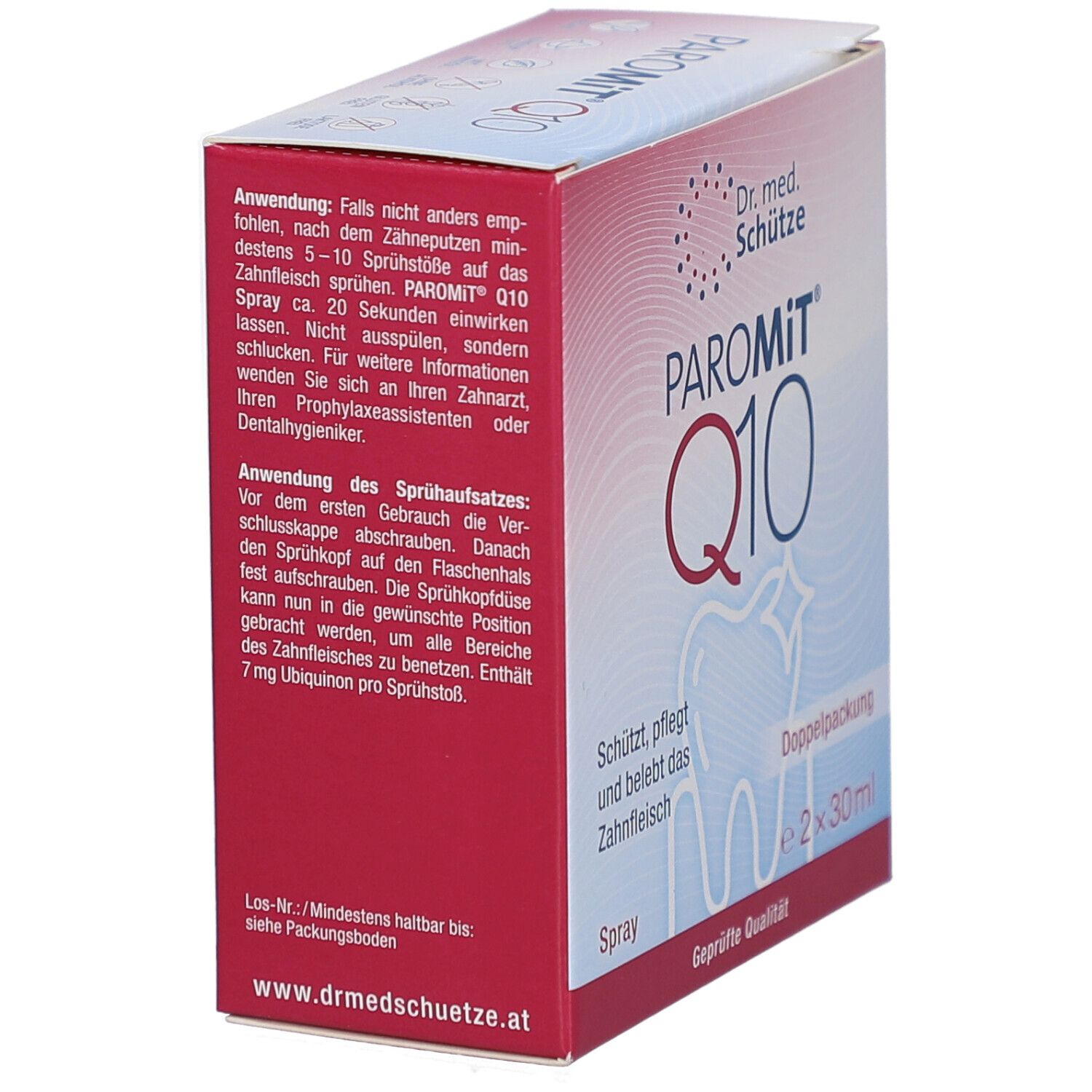 Karton von PAROMiT Q10. Aufschrift: Anwendung, Inhaltsstoffe. Logo: Zahn mit Stern. Doppelpackung, 2x30ml. Geprüfte Qualität.